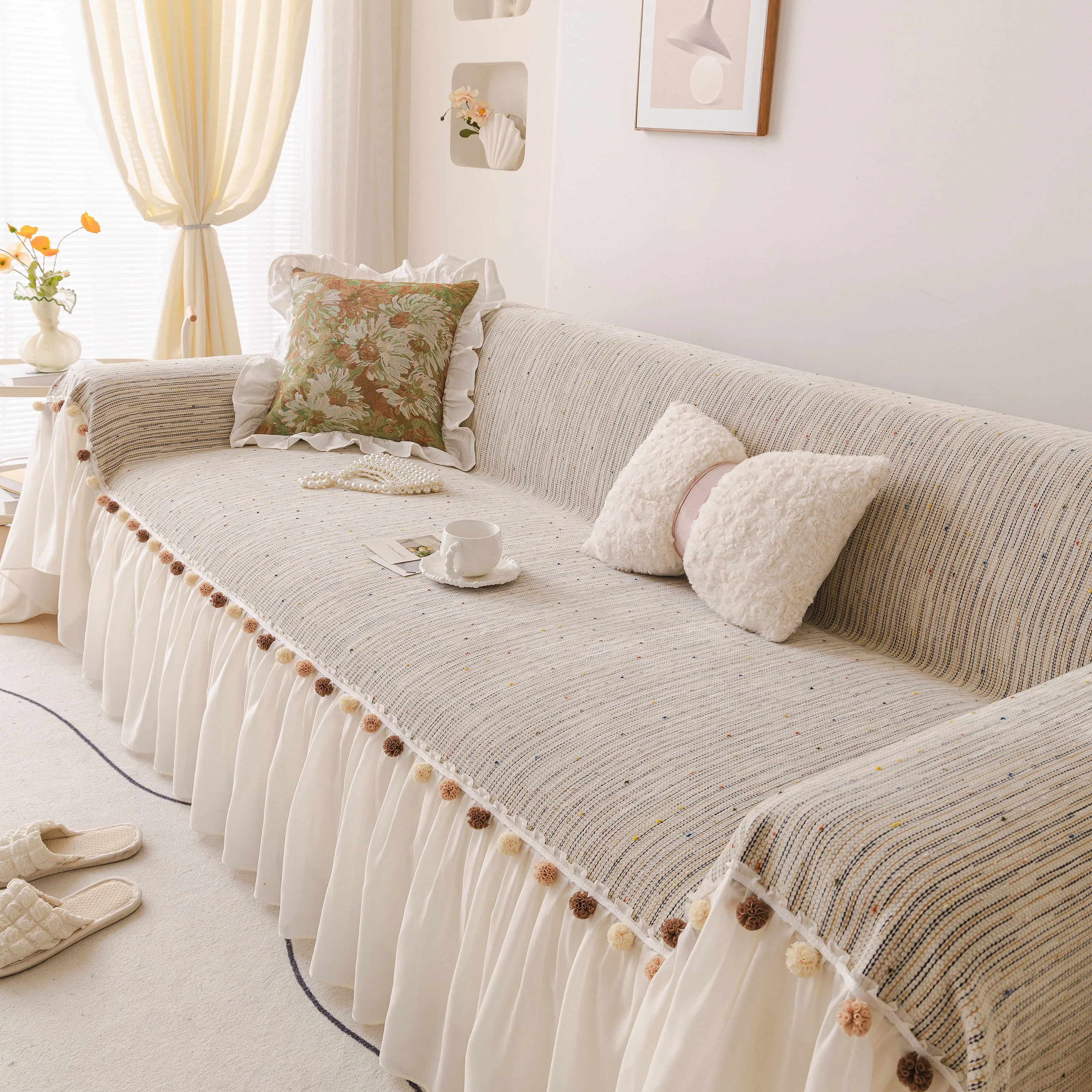 Boho Couch Cover with Knitted Stripes, Chiffon Skirt & Pom Fringe, Pet-Friendly Throw - Image 12