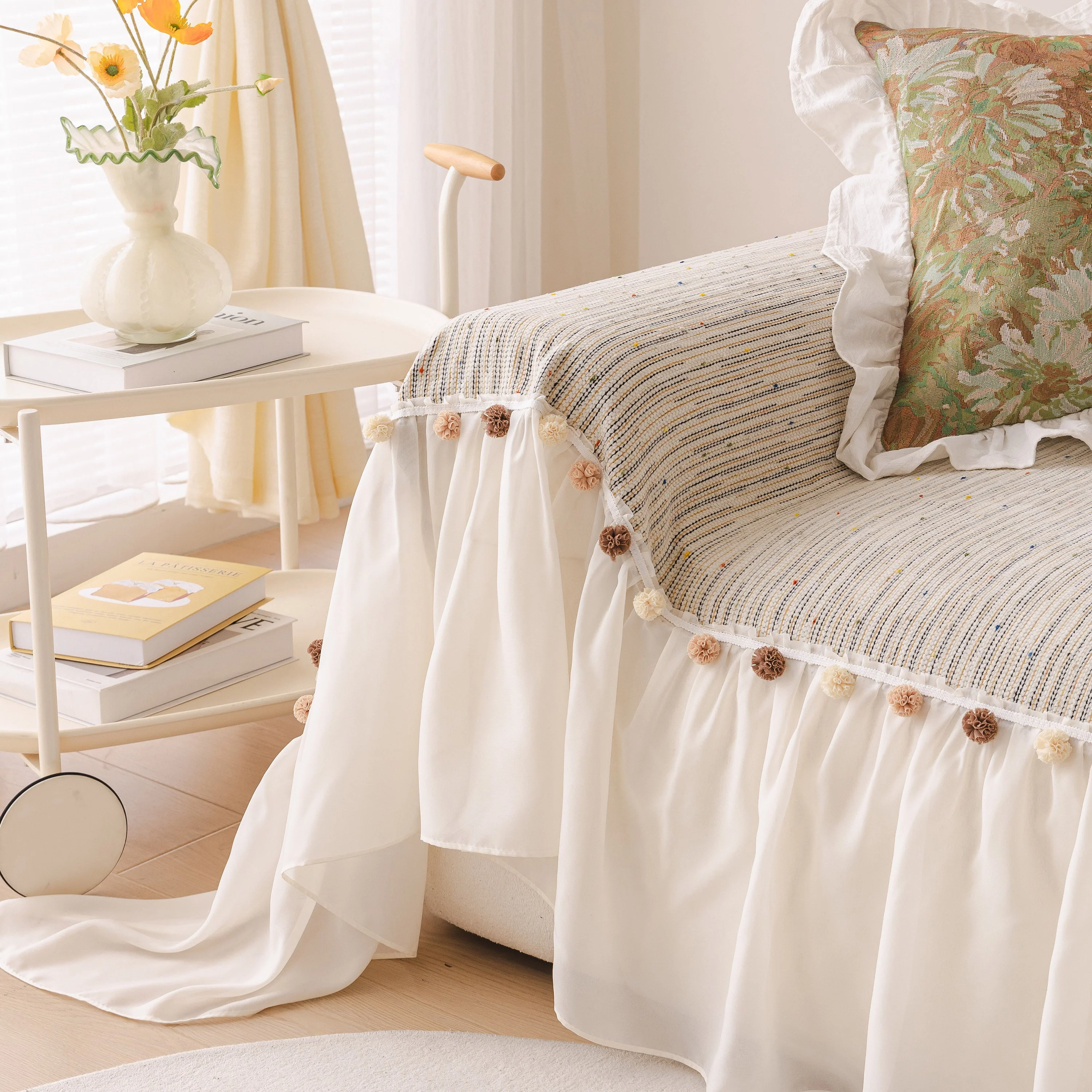 Boho Couch Cover with Knitted Stripes, Chiffon Skirt & Pom Fringe, Pet-Friendly Throw - Image 13