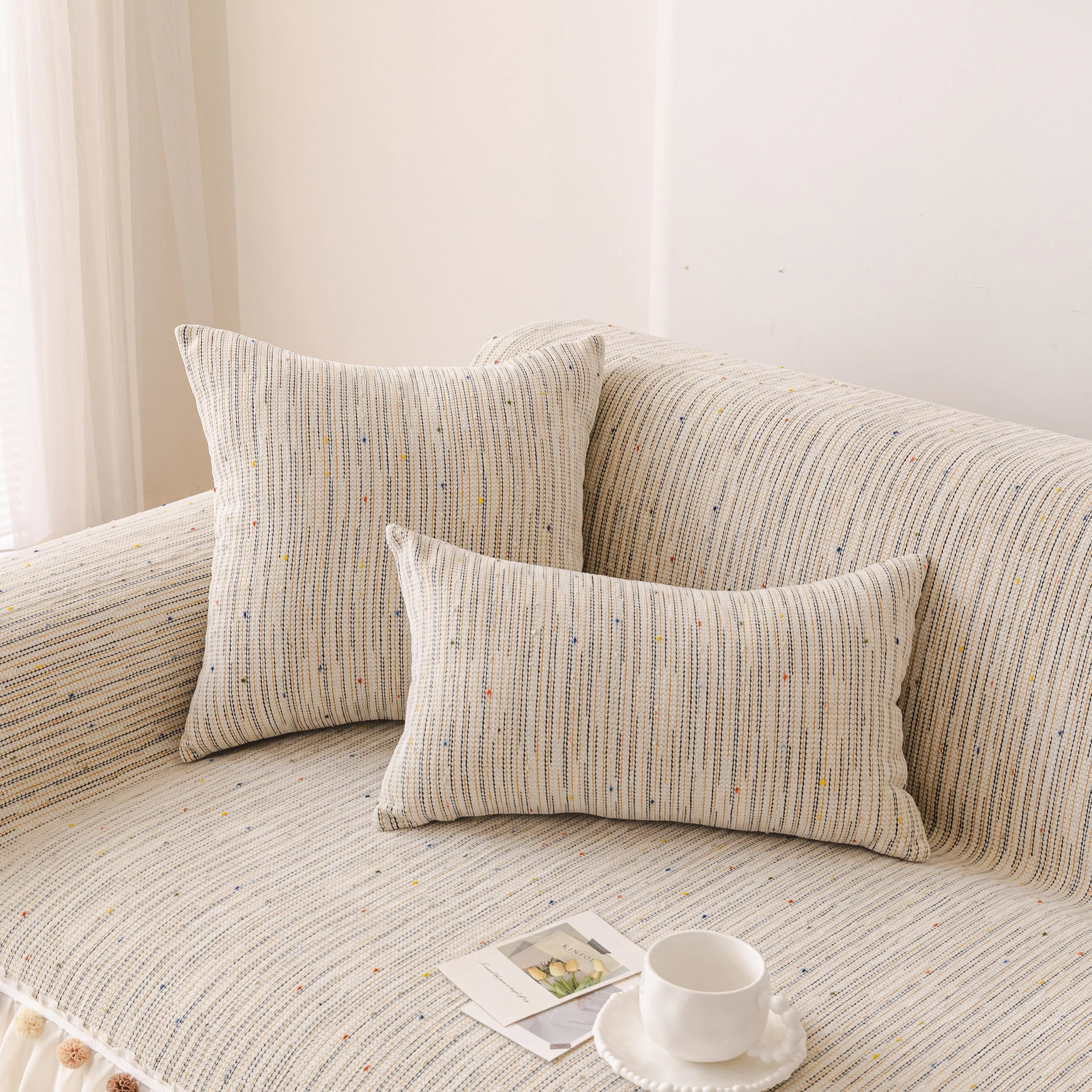 Boho Couch Cover with Knitted Stripes, Chiffon Skirt & Pom Fringe, Pet-Friendly Throw - Image 16