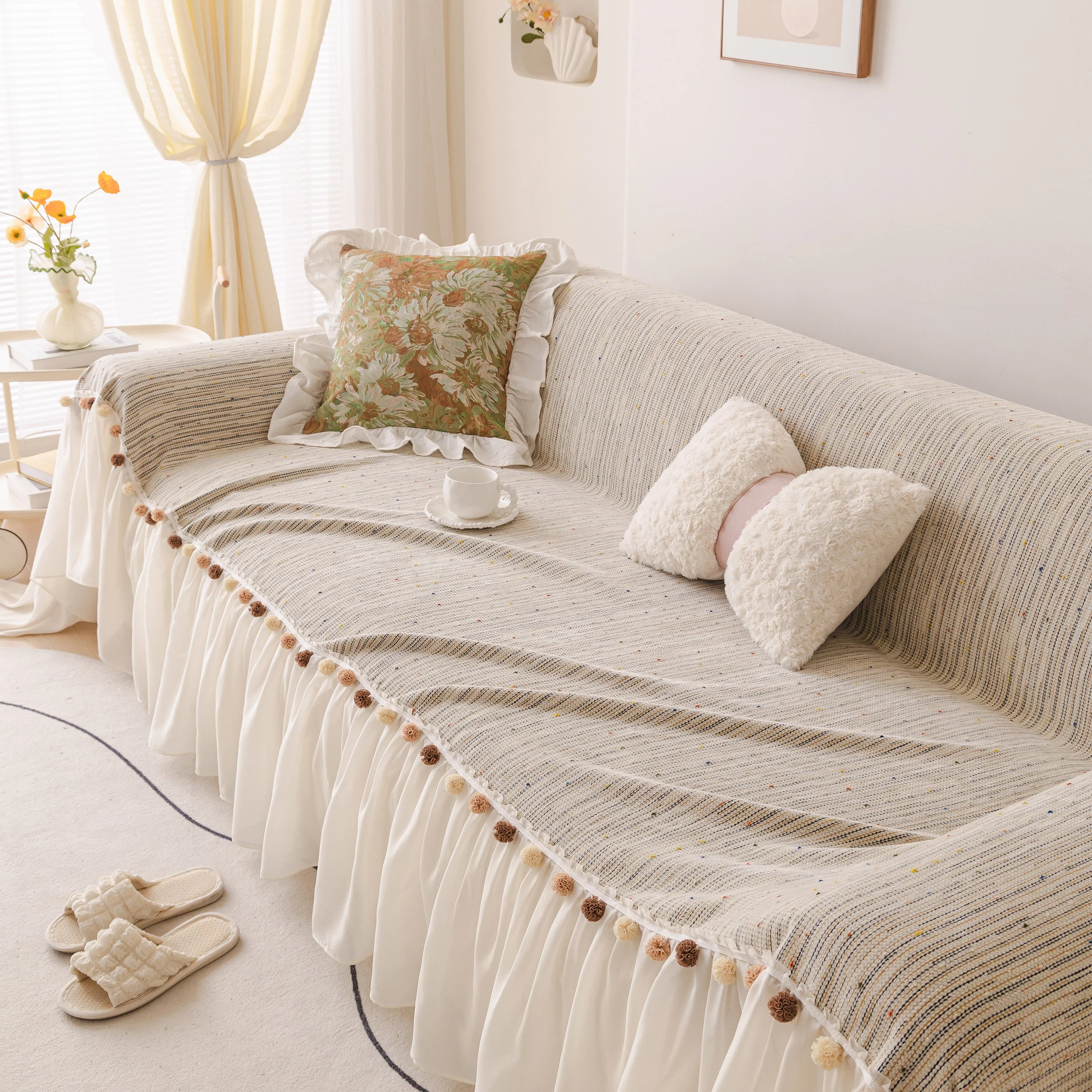 Boho Couch Cover with Knitted Stripes, Chiffon Skirt & Pom Fringe, Pet-Friendly Throw - Image 17