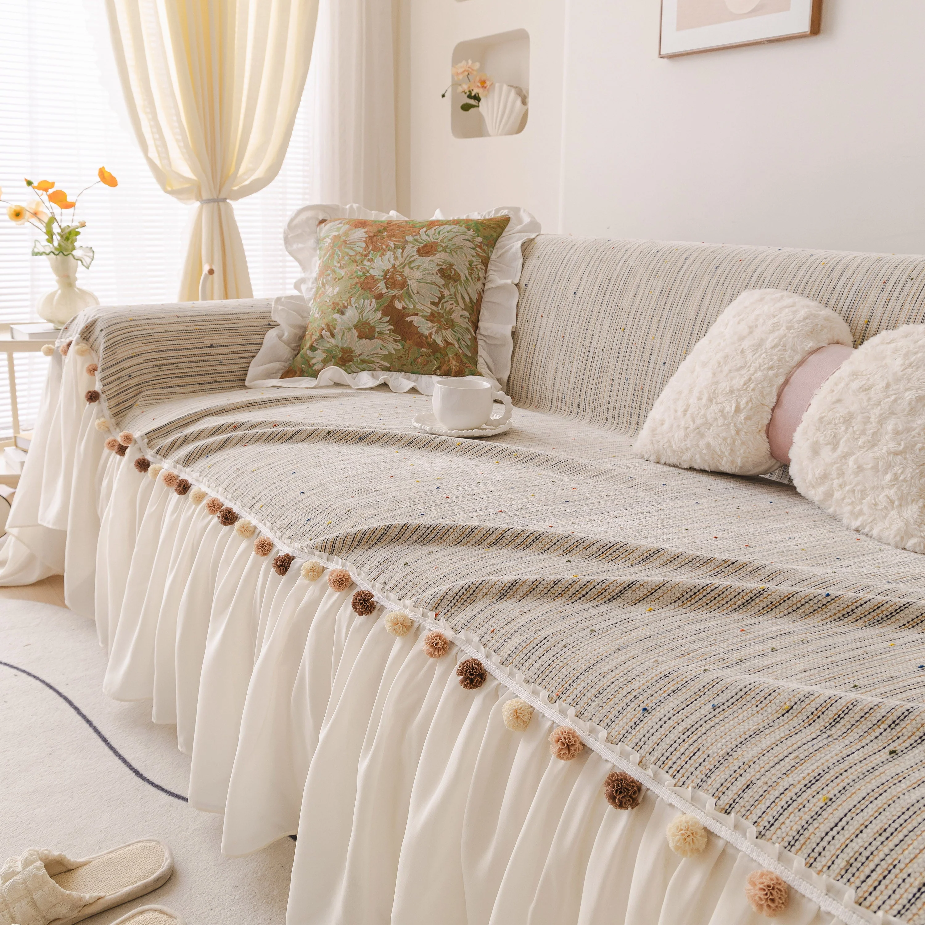 Boho Couch Cover with Knitted Stripes, Chiffon Skirt & Pom Fringe, Pet-Friendly Throw - Image 18