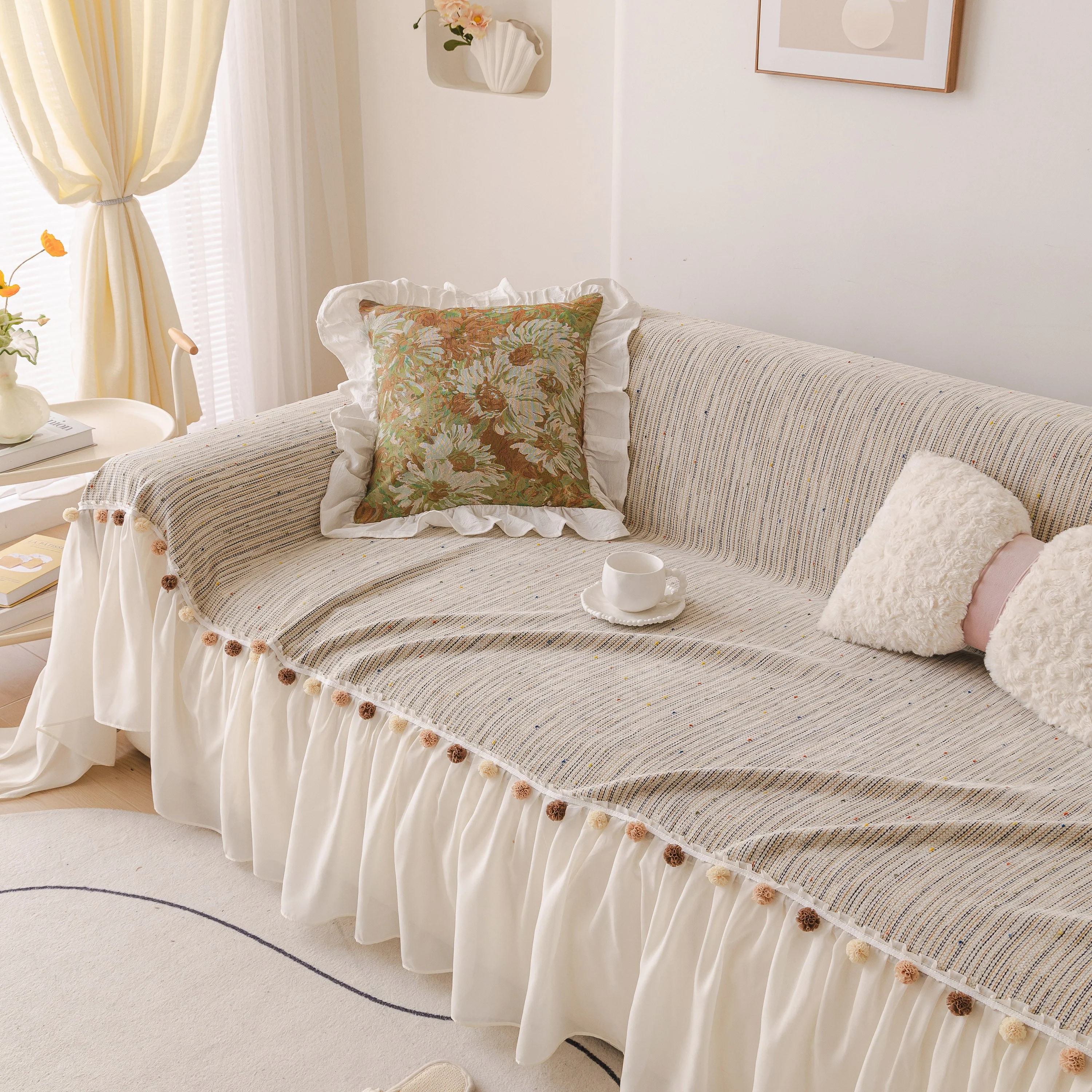 Boho Couch Cover with Knitted Stripes, Chiffon Skirt & Pom Fringe, Pet-Friendly Throw - Image 19