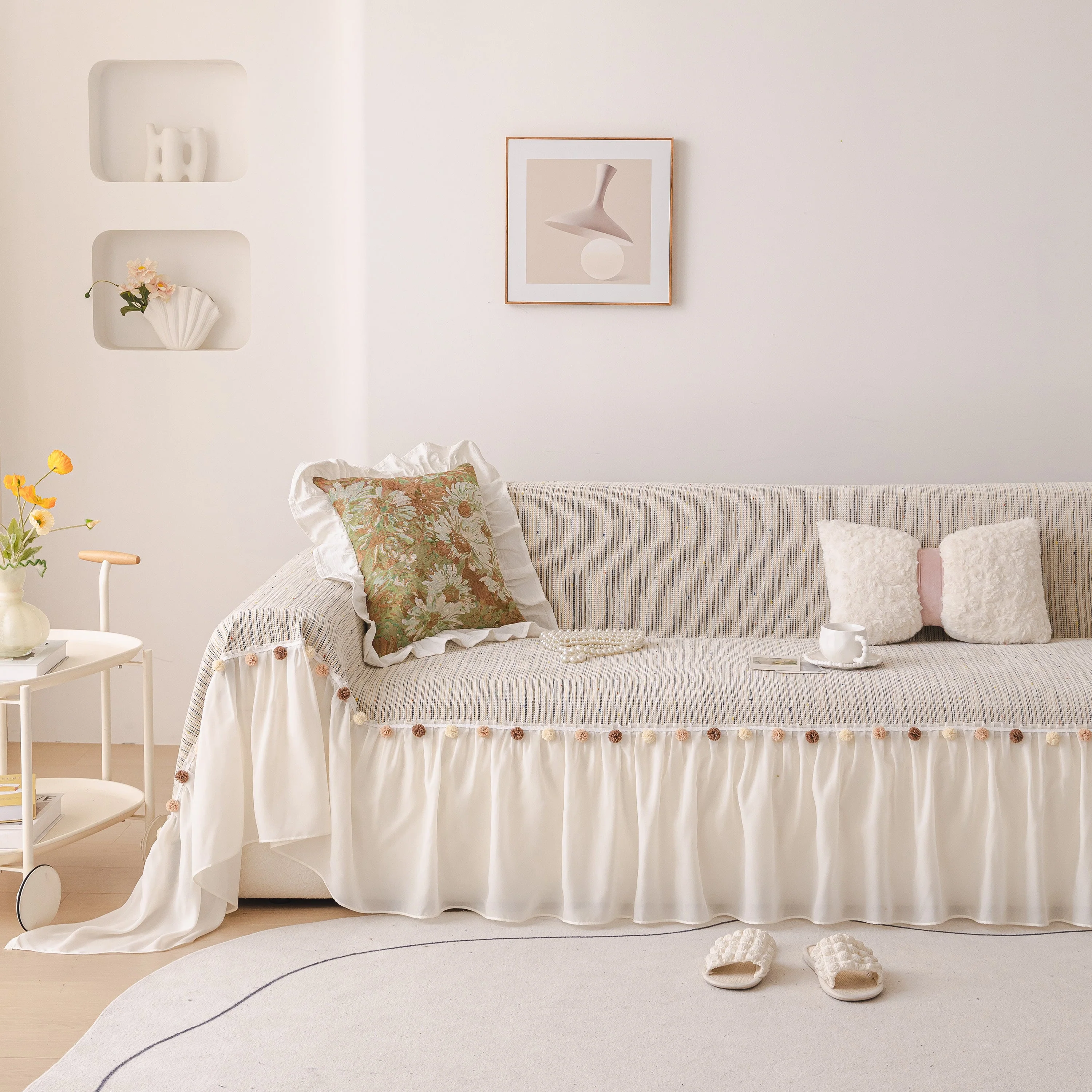 Boho Couch Cover with Knitted Stripes, Chiffon Skirt & Pom Fringe, Pet-Friendly Throw - Image 2