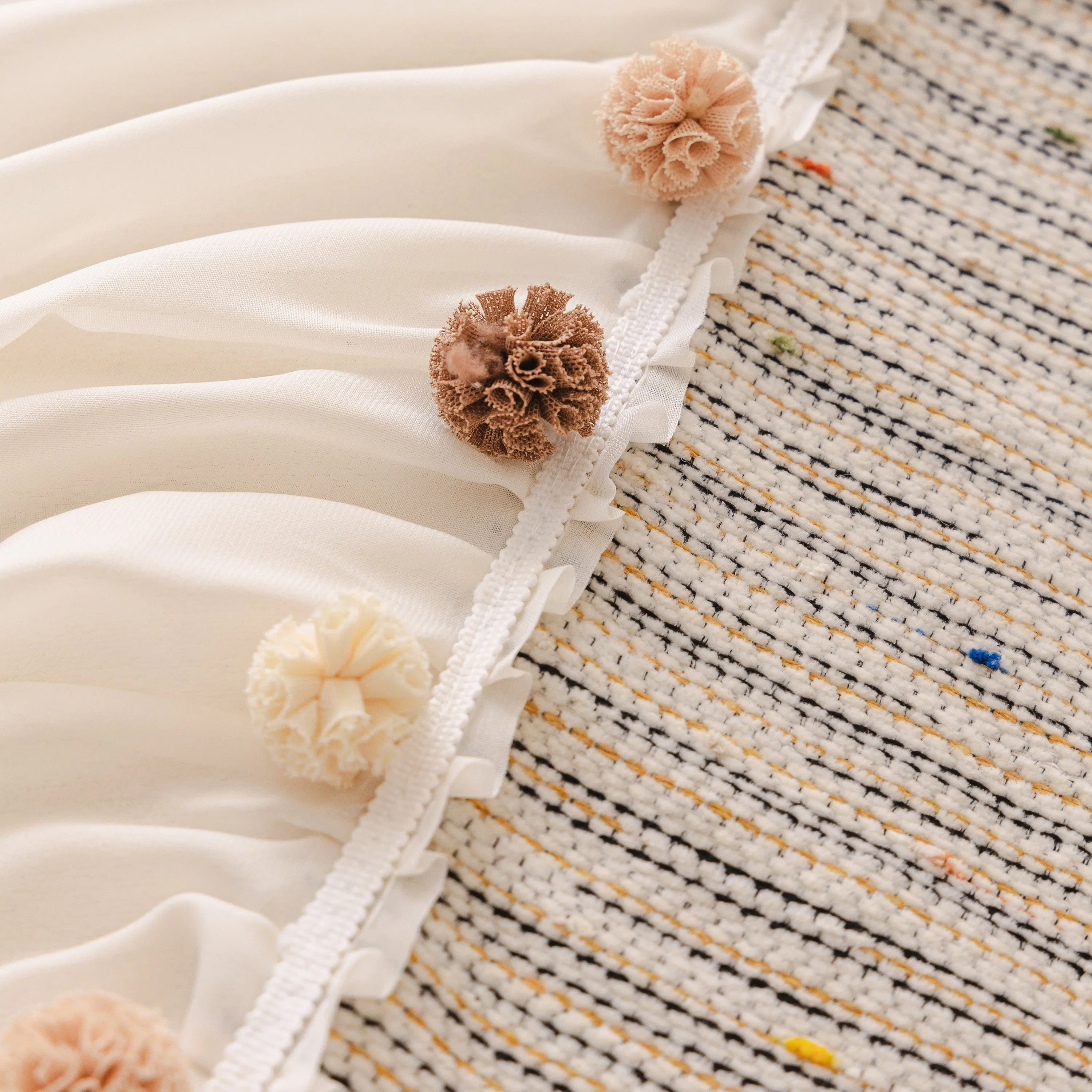 Boho Couch Cover with Knitted Stripes, Chiffon Skirt & Pom Fringe, Pet-Friendly Throw - Image 22