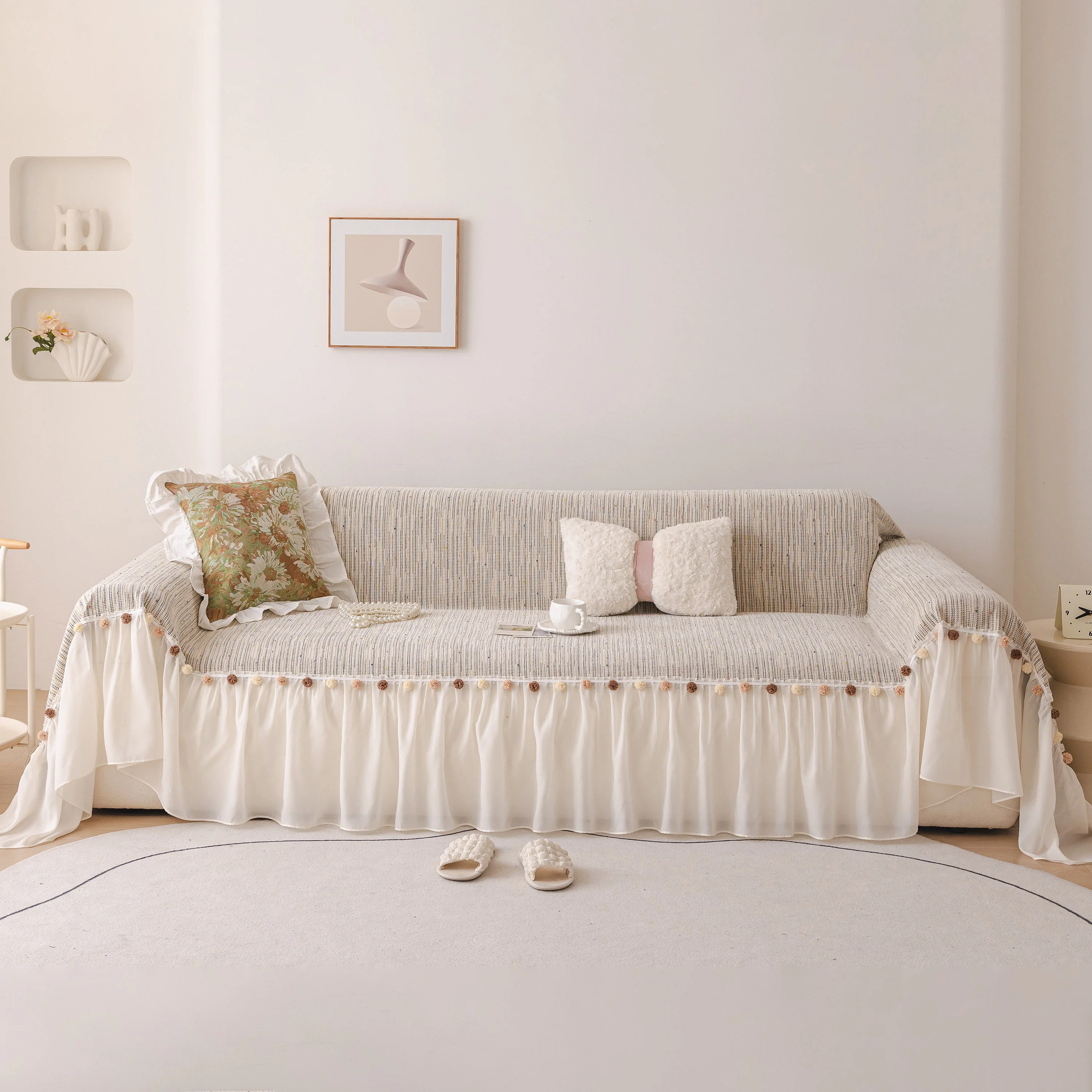 Boho Couch Cover with Knitted Stripes, Chiffon Skirt & Pom Fringe, Pet-Friendly Throw - Image 23