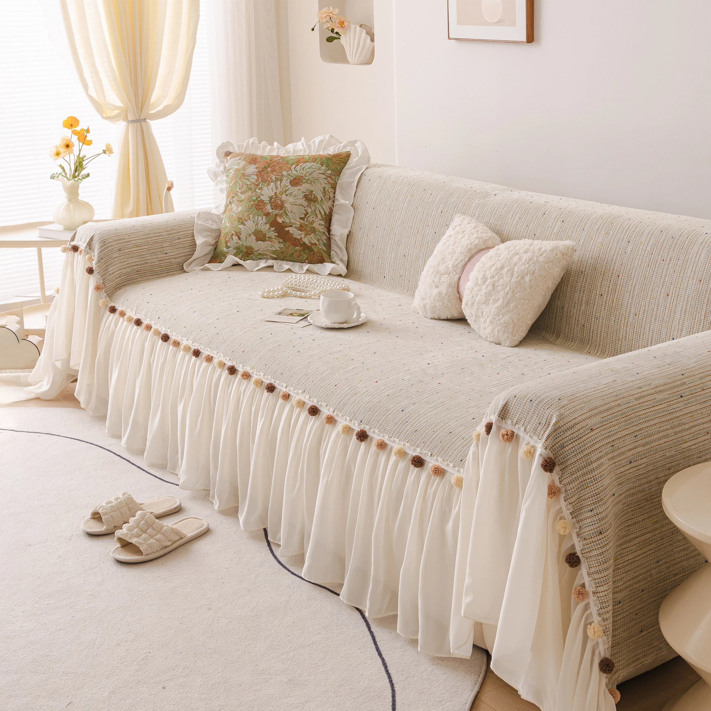 Boho Couch Cover with Knitted Stripes, Chiffon Skirt & Pom Fringe, Pet-Friendly Throw - Image 24