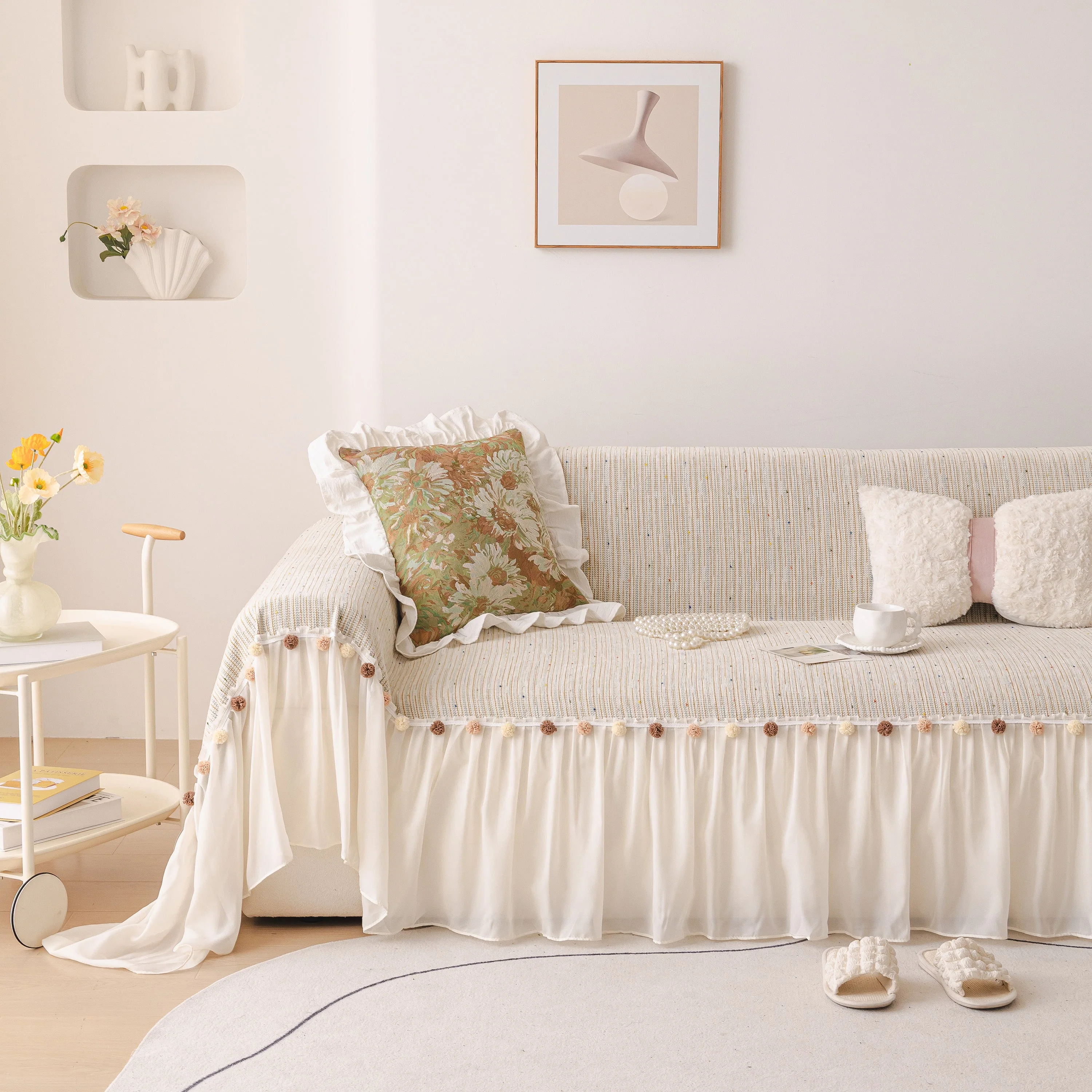 Boho Couch Cover with Knitted Stripes, Chiffon Skirt & Pom Fringe, Pet-Friendly Throw - Image 25