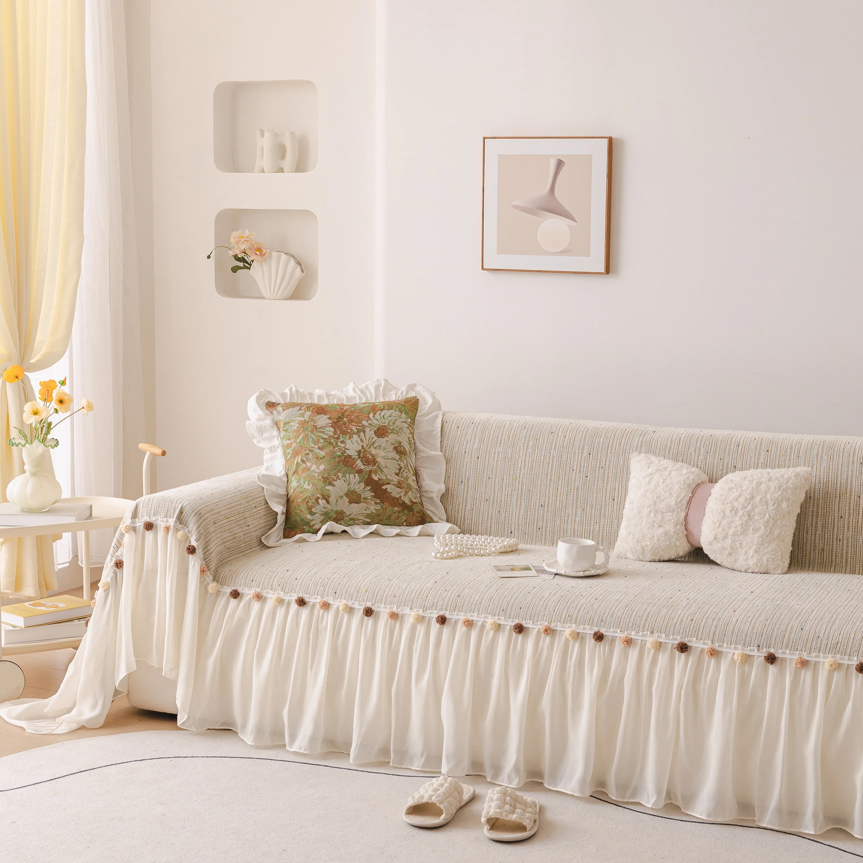 Boho Couch Cover with Knitted Stripes, Chiffon Skirt & Pom Fringe, Pet-Friendly Throw - Image 26