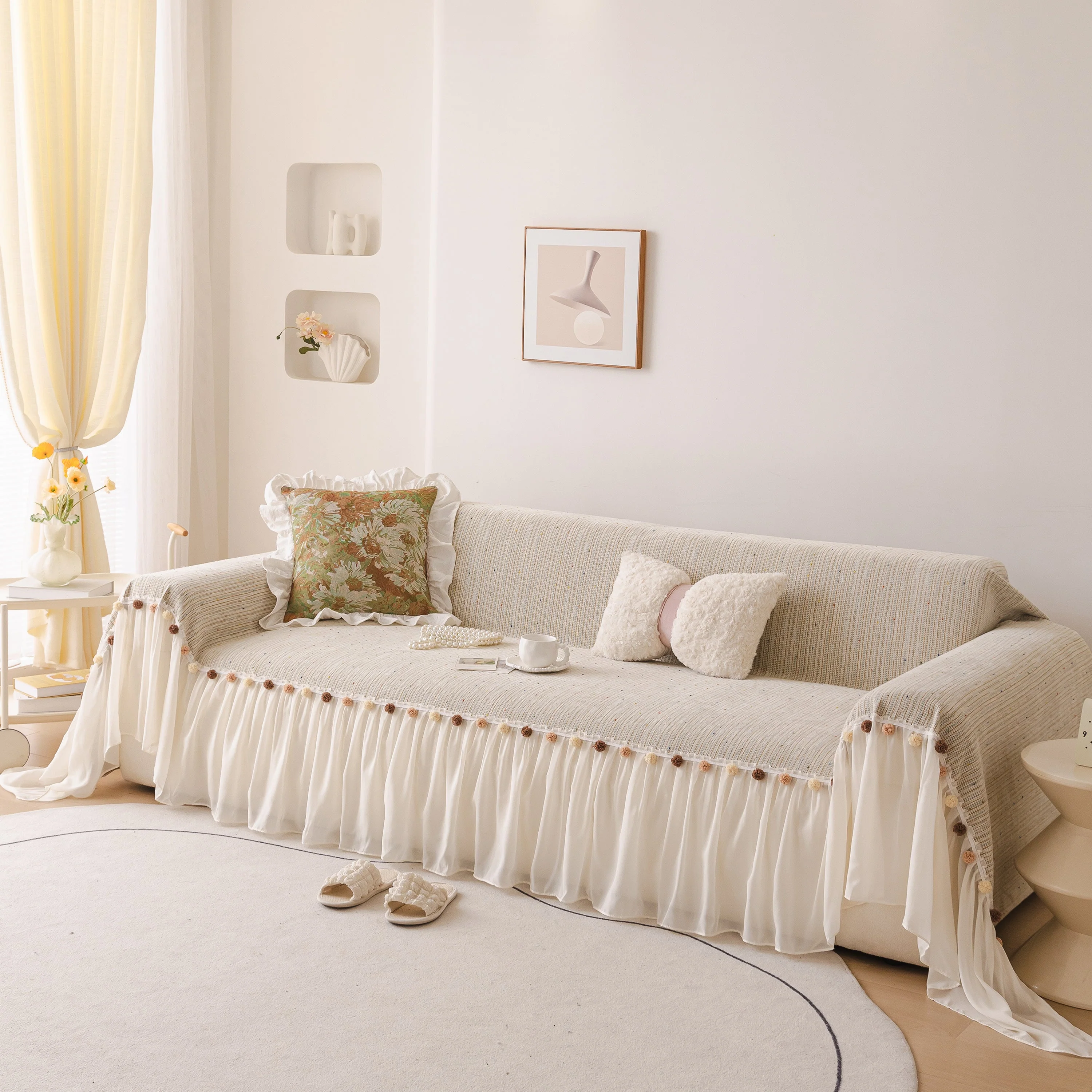 Boho Couch Cover with Knitted Stripes, Chiffon Skirt & Pom Fringe, Pet-Friendly Throw - Image 27