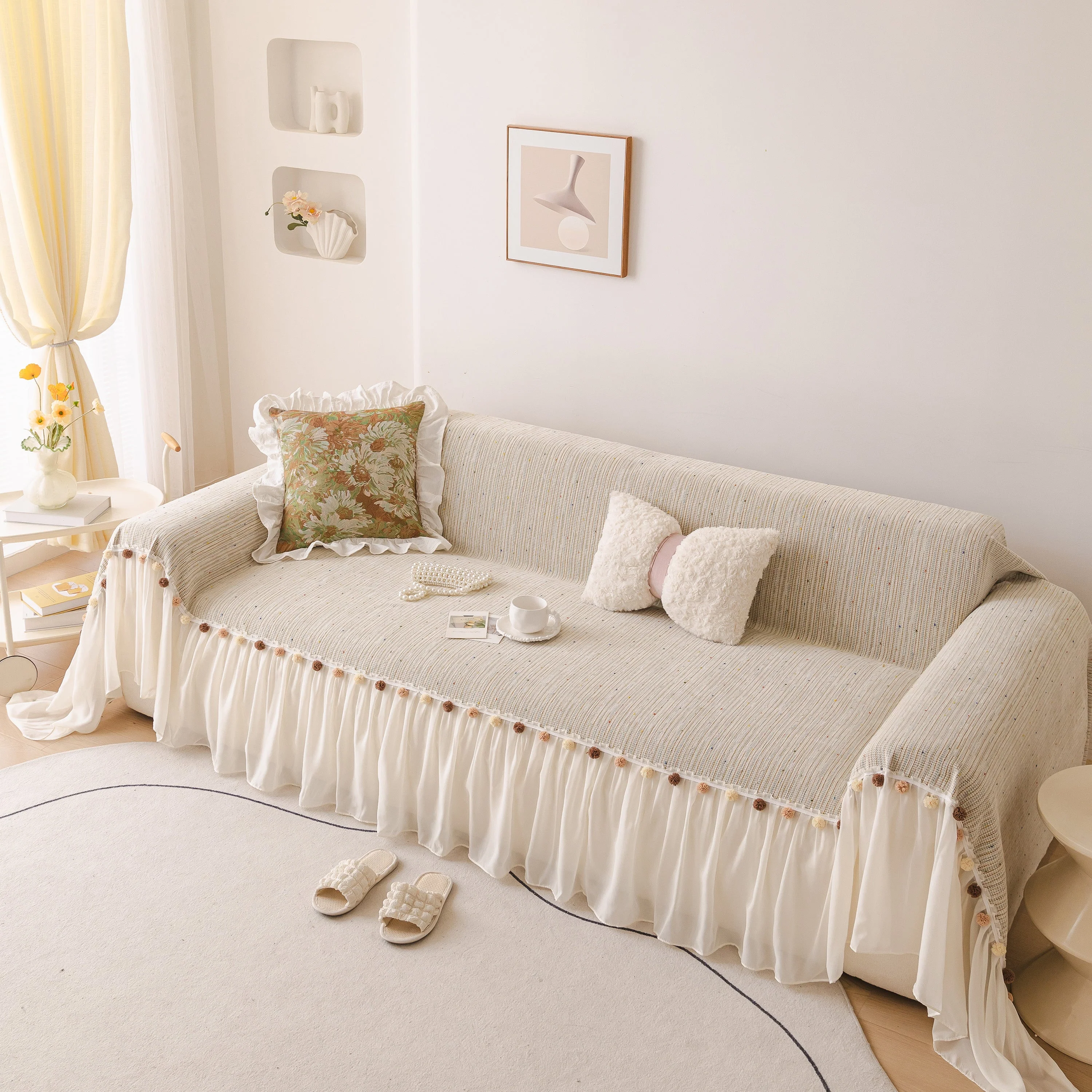 Boho Couch Cover with Knitted Stripes, Chiffon Skirt & Pom Fringe, Pet-Friendly Throw - Image 28