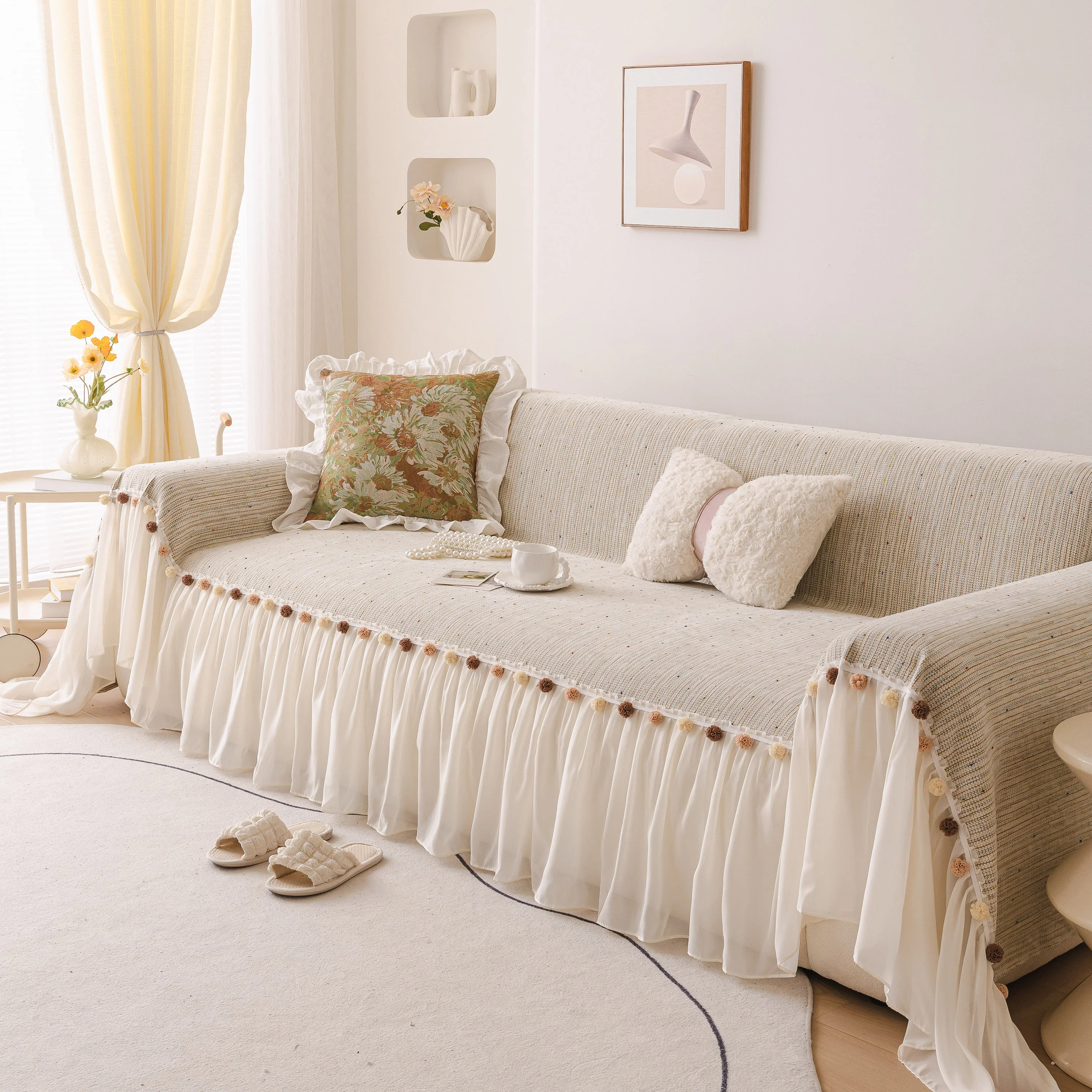 Boho Couch Cover with Knitted Stripes, Chiffon Skirt & Pom Fringe, Pet-Friendly Throw - Image 29