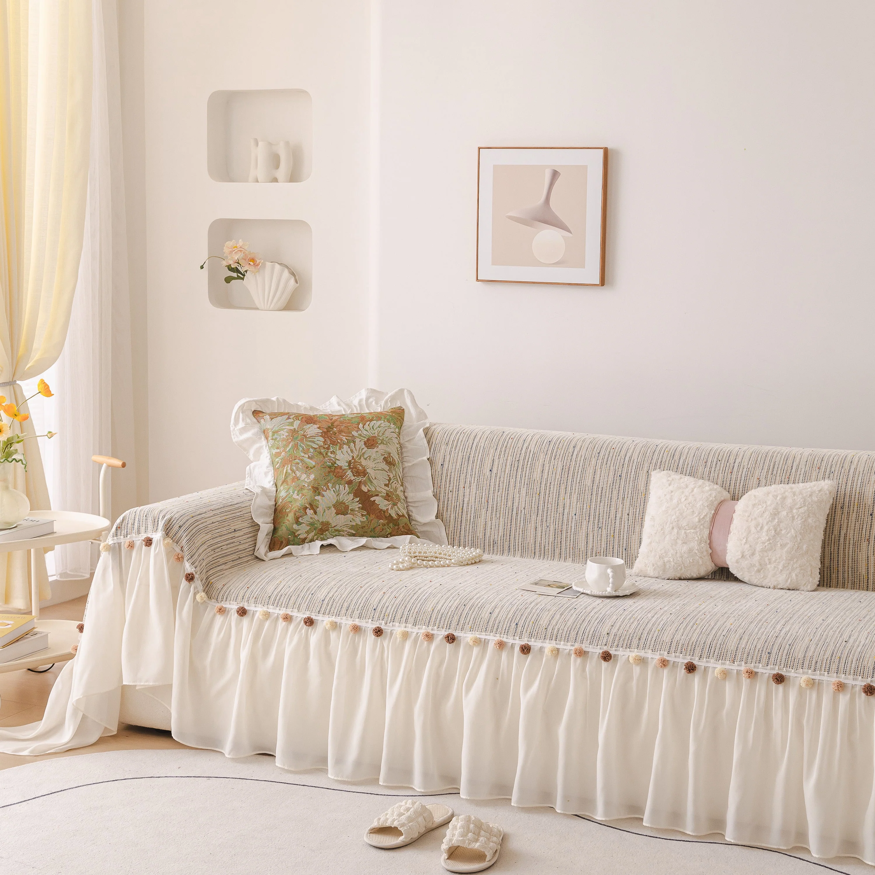 Boho Couch Cover with Knitted Stripes, Chiffon Skirt & Pom Fringe, Pet-Friendly Throw - Image 3