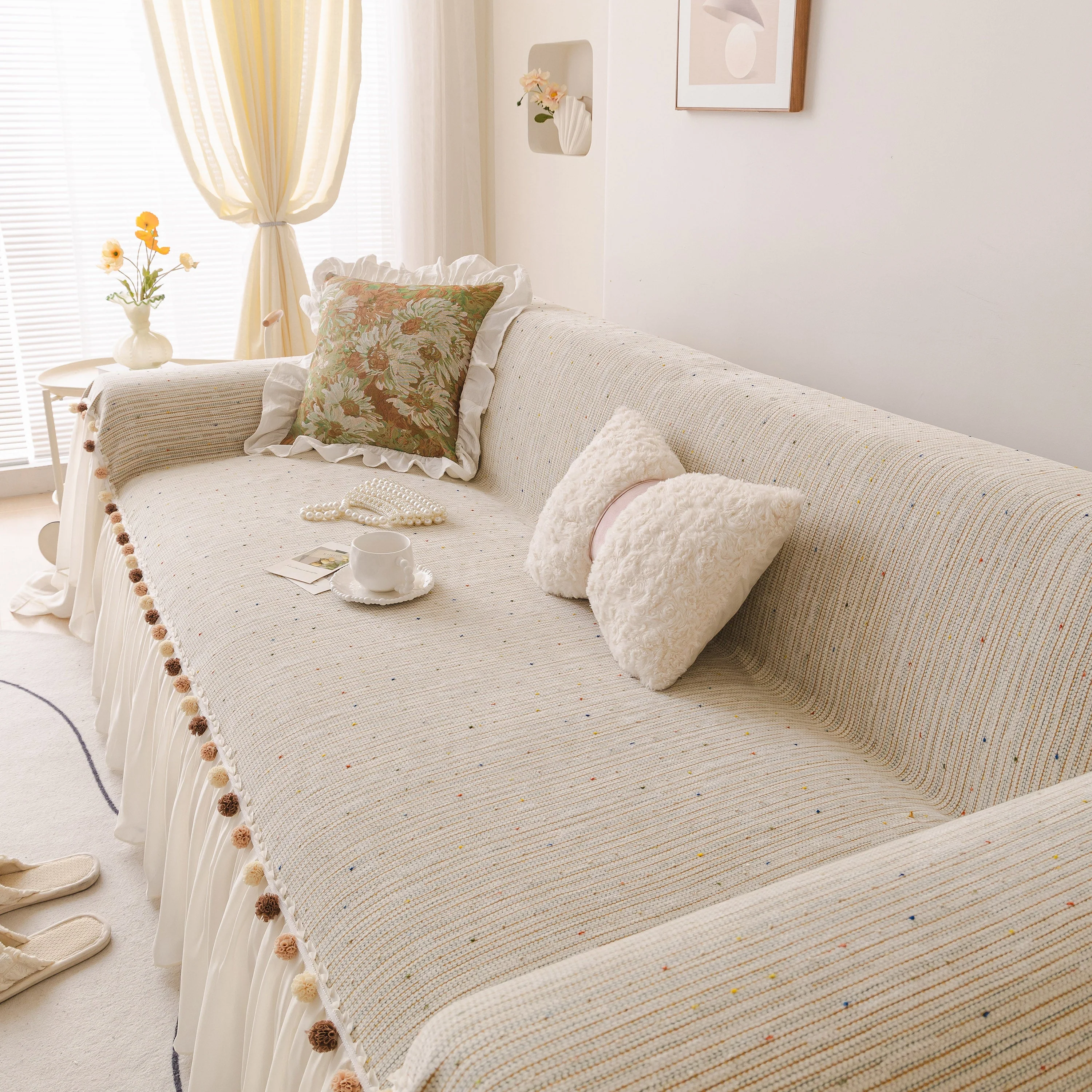 Boho Couch Cover with Knitted Stripes, Chiffon Skirt & Pom Fringe, Pet-Friendly Throw - Image 30