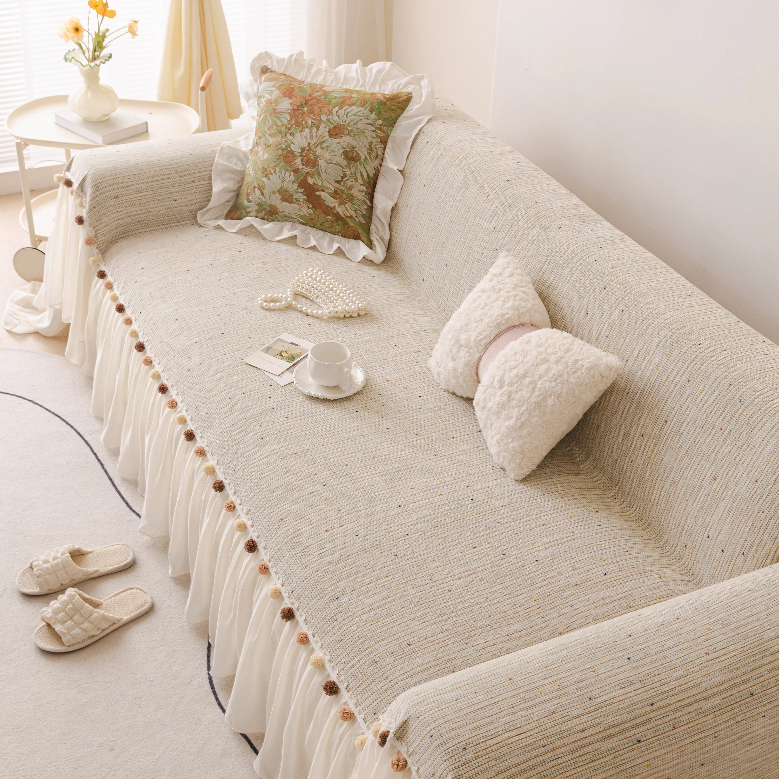 Boho Couch Cover with Knitted Stripes, Chiffon Skirt & Pom Fringe, Pet-Friendly Throw - Image 31