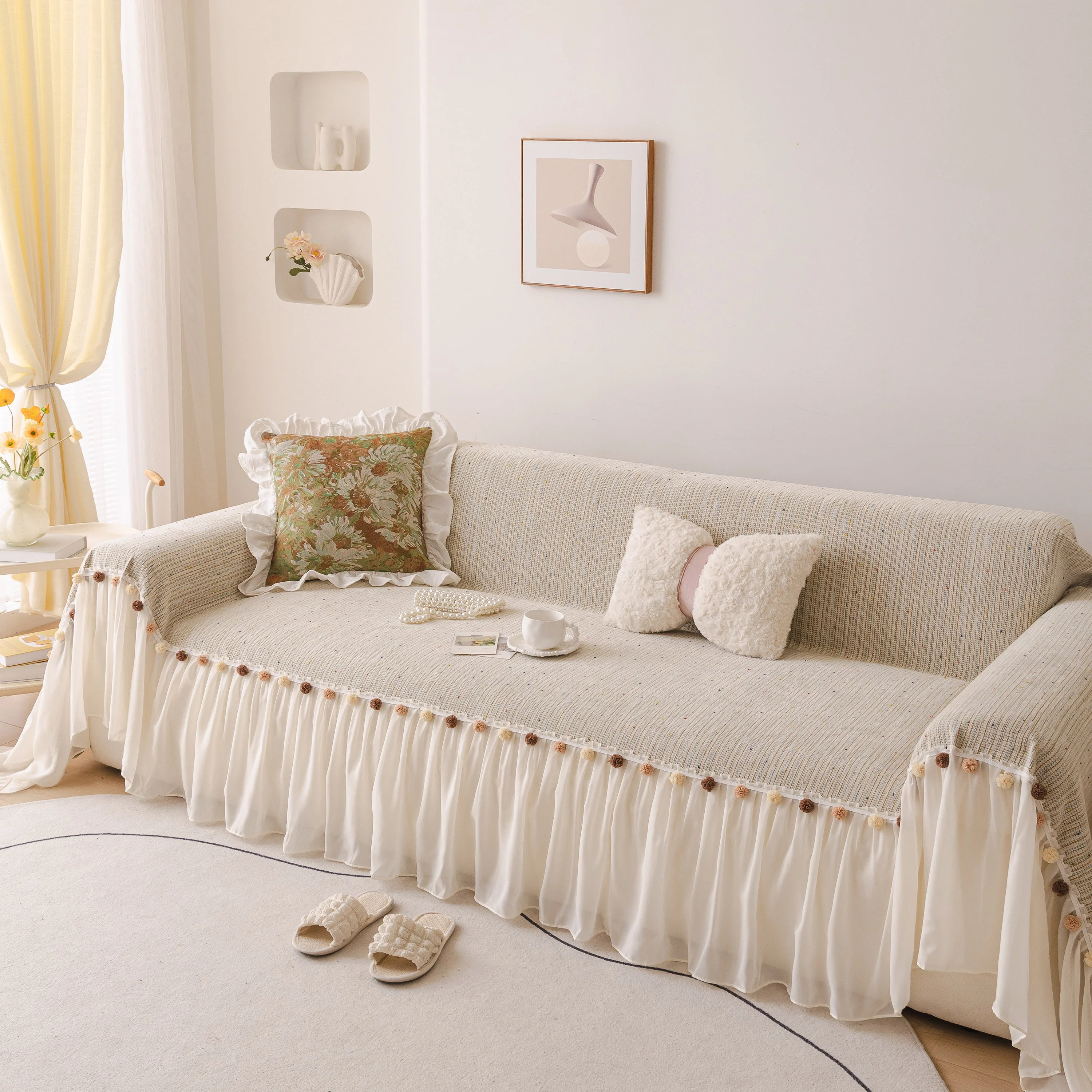 Boho Couch Cover with Knitted Stripes, Chiffon Skirt & Pom Fringe, Pet-Friendly Throw - Image 32