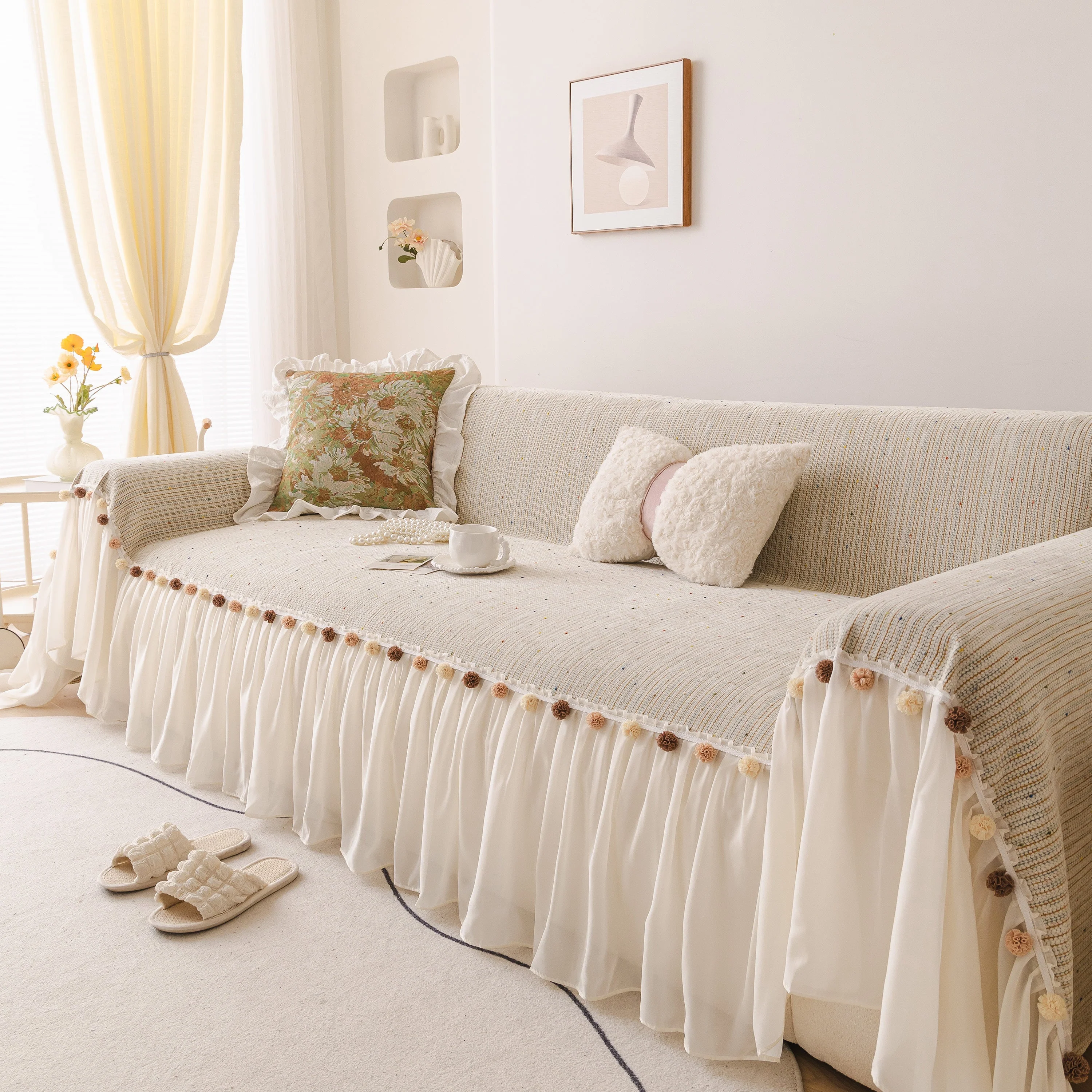 Boho Couch Cover with Knitted Stripes, Chiffon Skirt & Pom Fringe, Pet-Friendly Throw - Image 33