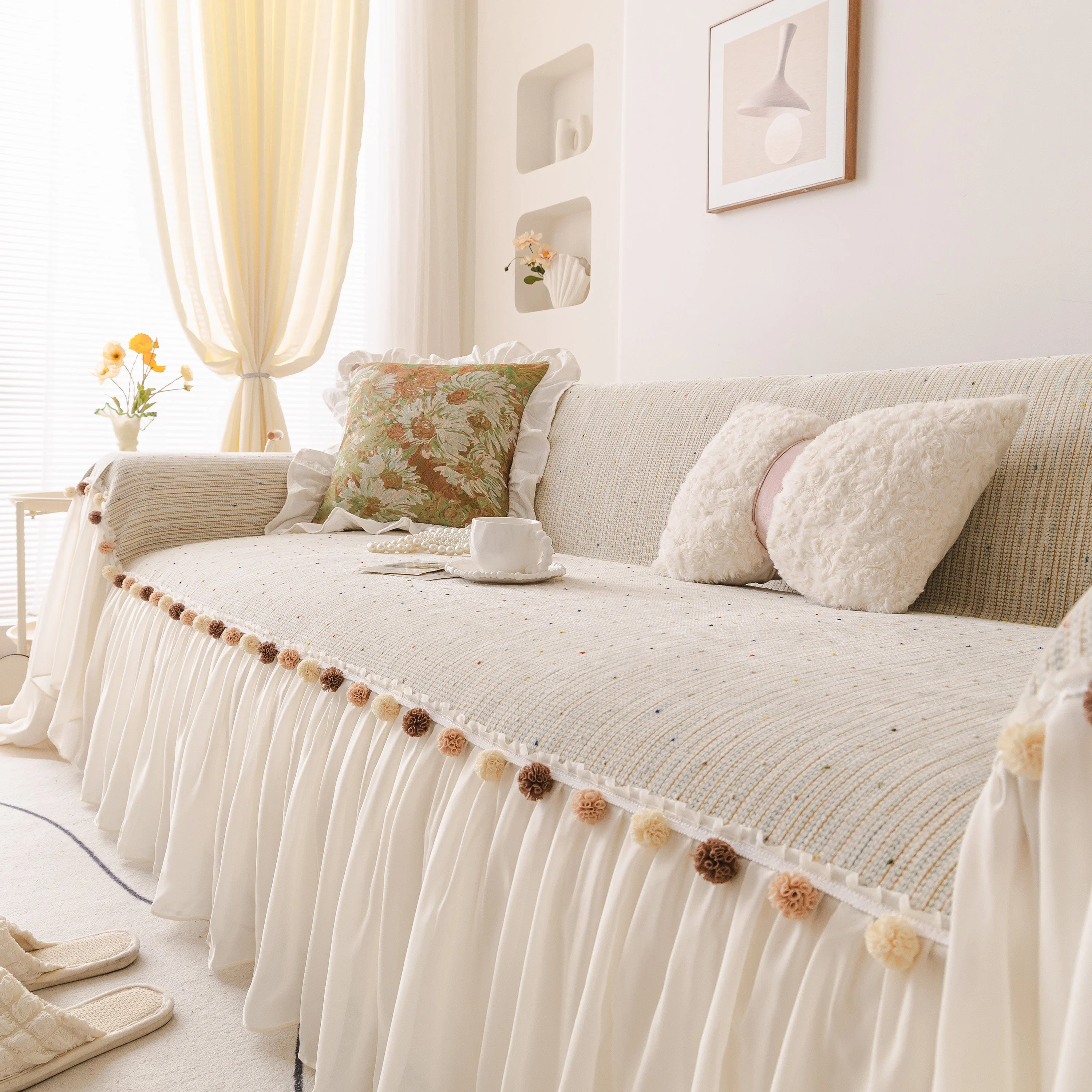 Boho Couch Cover with Knitted Stripes, Chiffon Skirt & Pom Fringe, Pet-Friendly Throw - Image 34