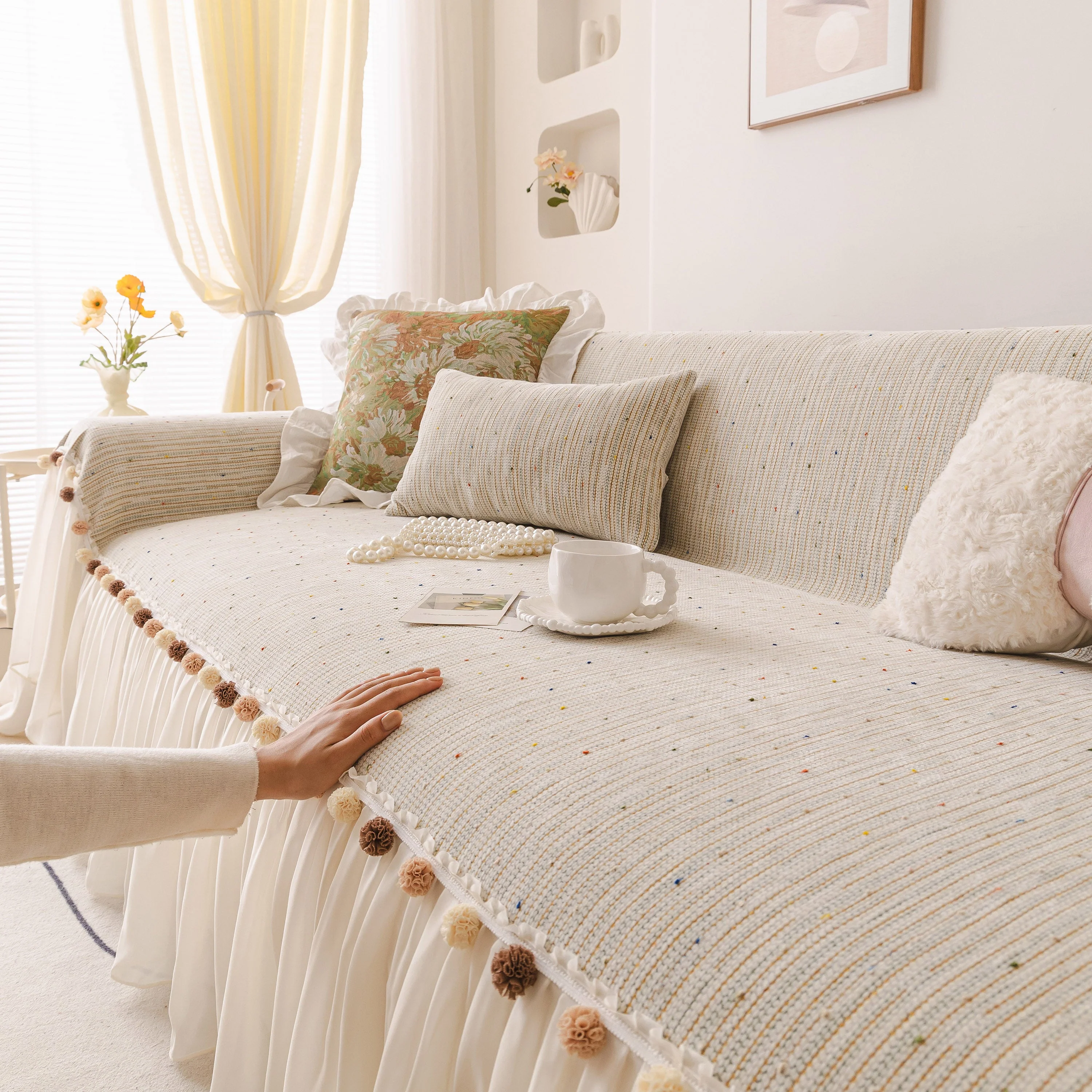Boho Couch Cover with Knitted Stripes, Chiffon Skirt & Pom Fringe, Pet-Friendly Throw - Image 35