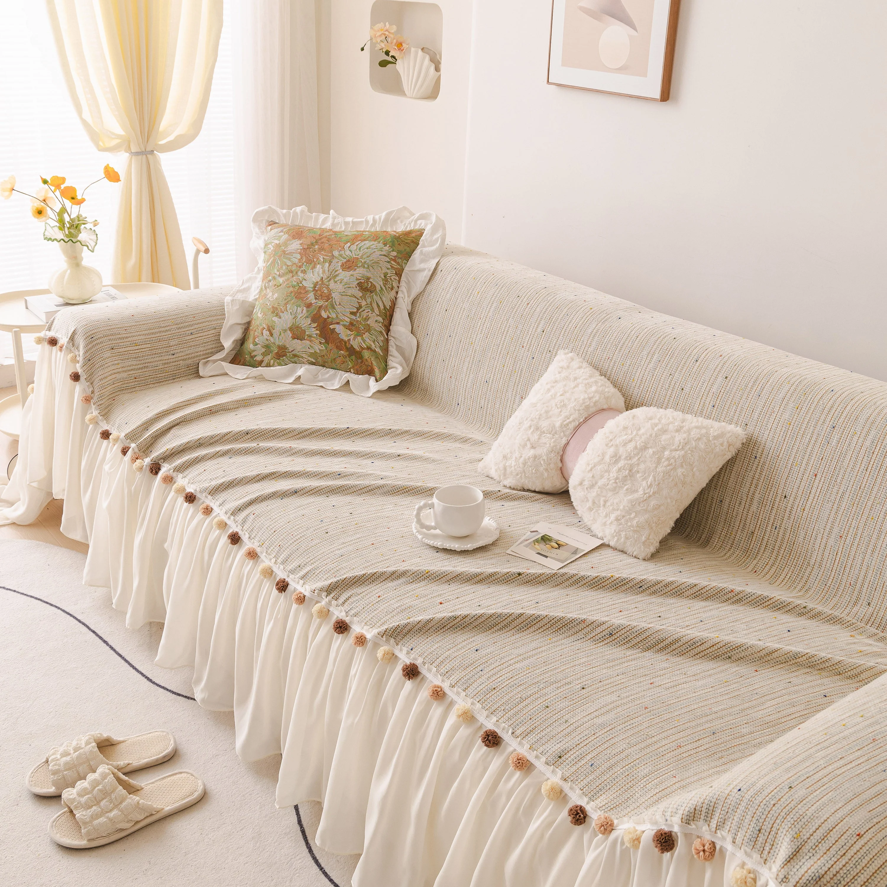 Boho Couch Cover with Knitted Stripes, Chiffon Skirt & Pom Fringe, Pet-Friendly Throw - Image 37