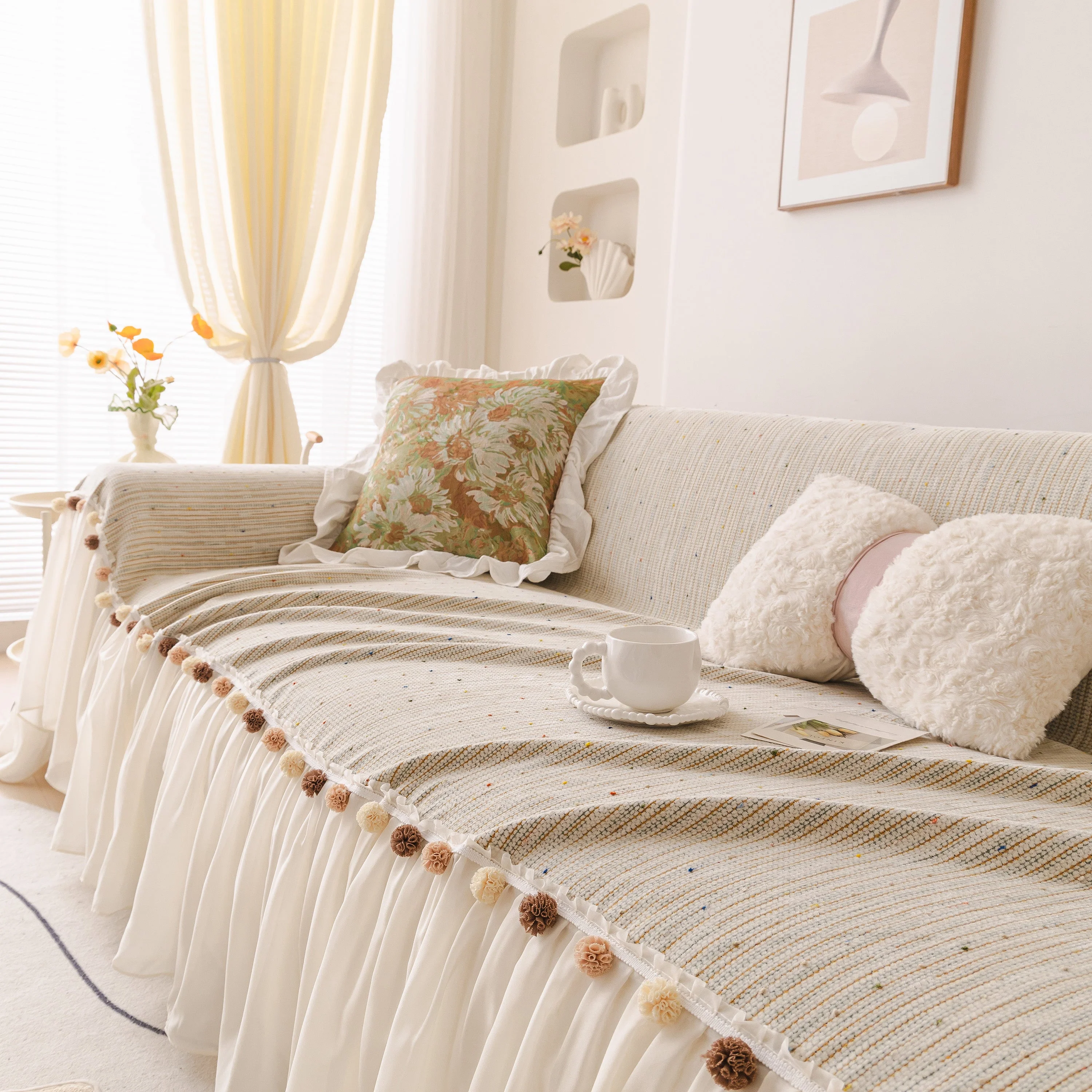 Boho Couch Cover with Knitted Stripes, Chiffon Skirt & Pom Fringe, Pet-Friendly Throw - Image 38
