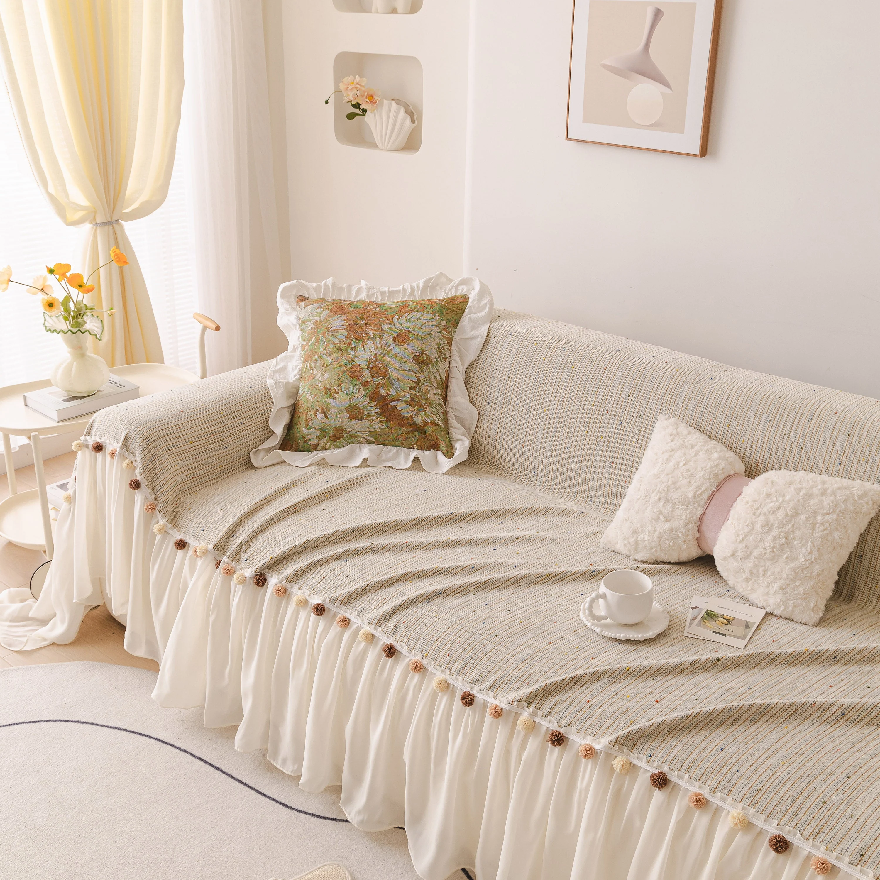 Boho Couch Cover with Knitted Stripes, Chiffon Skirt & Pom Fringe, Pet-Friendly Throw - Image 39