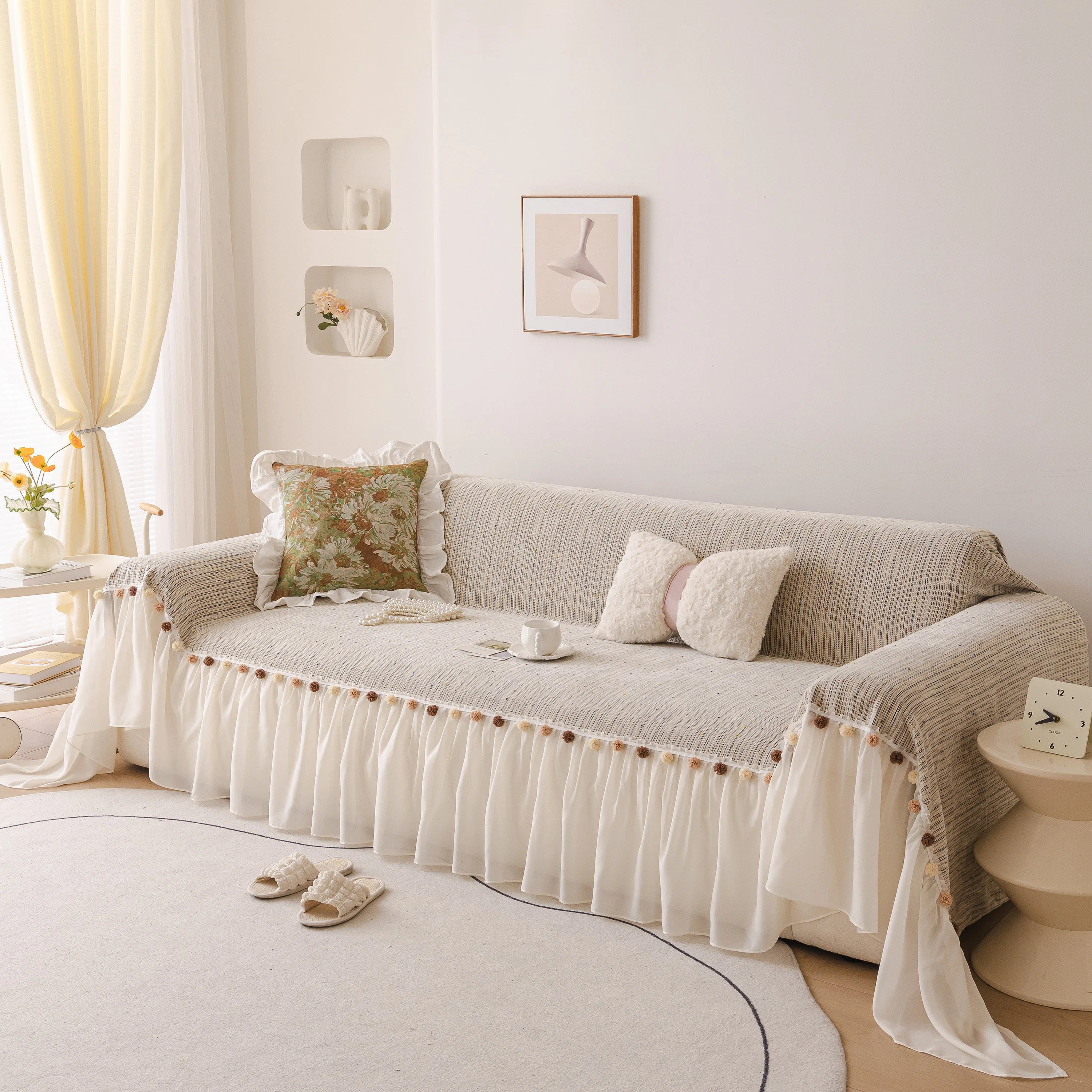 Boho Couch Cover with Knitted Stripes, Chiffon Skirt & Pom Fringe, Pet-Friendly Throw - Image 4