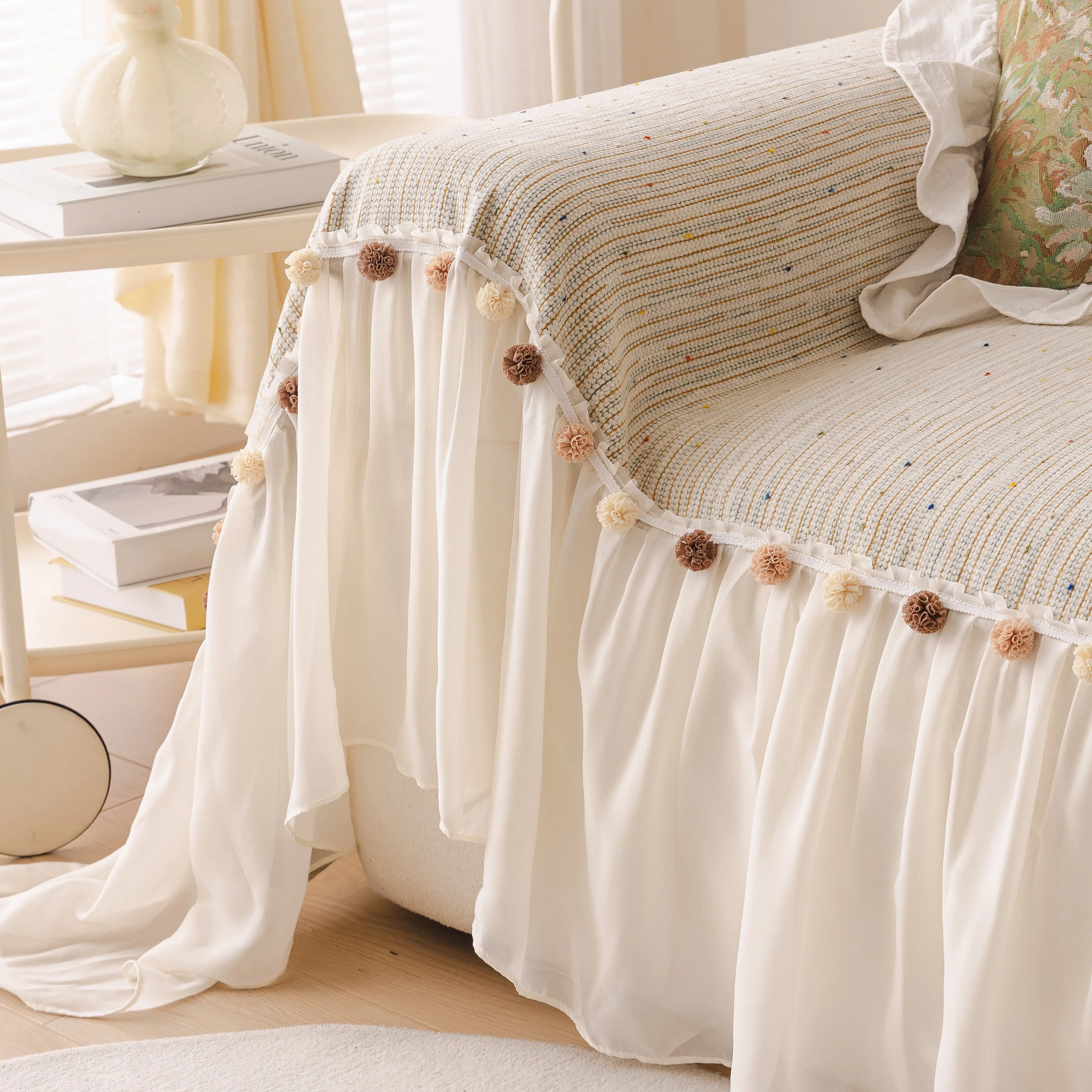 Boho Couch Cover with Knitted Stripes, Chiffon Skirt & Pom Fringe, Pet-Friendly Throw - Image 41
