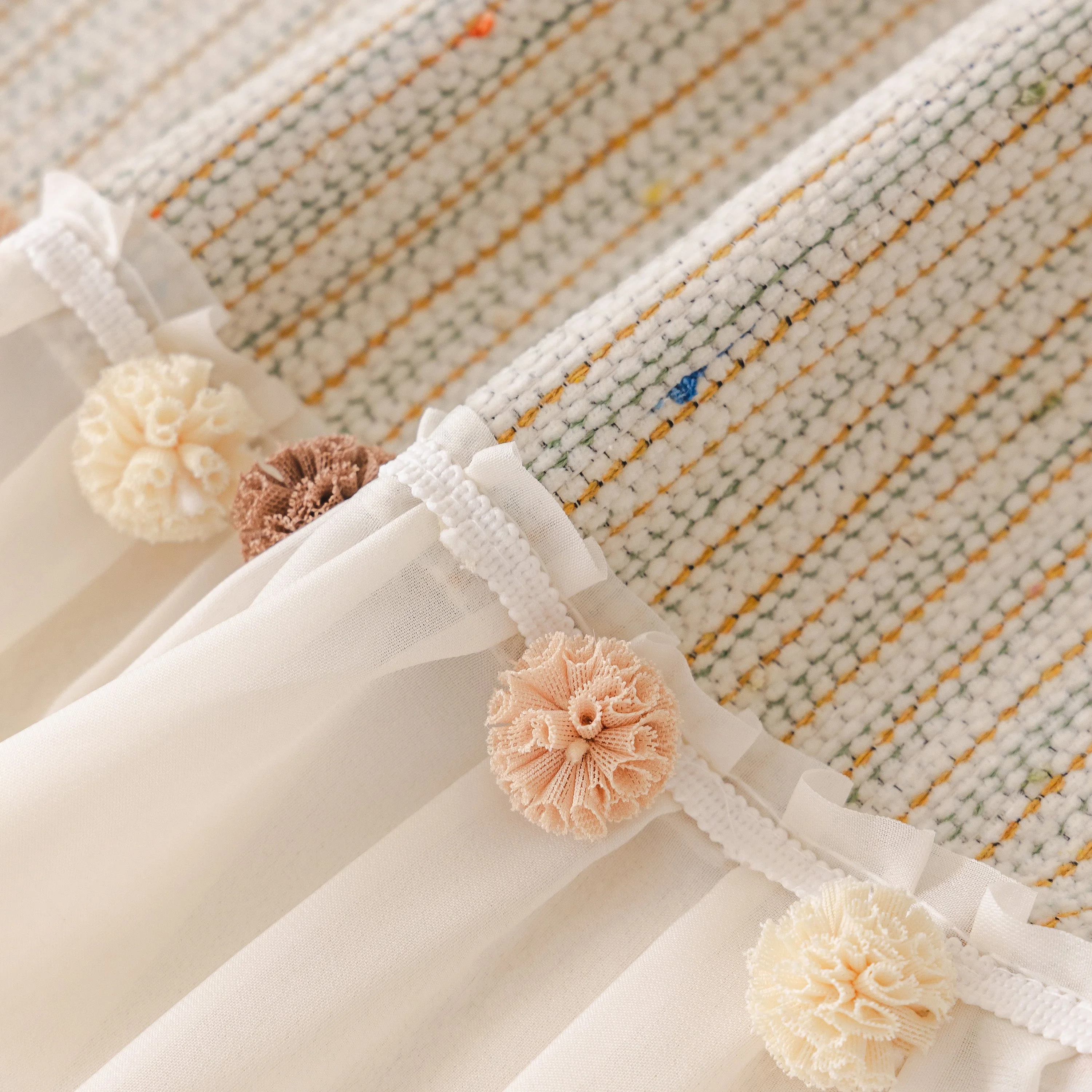 Boho Couch Cover with Knitted Stripes, Chiffon Skirt & Pom Fringe, Pet-Friendly Throw - Image 44