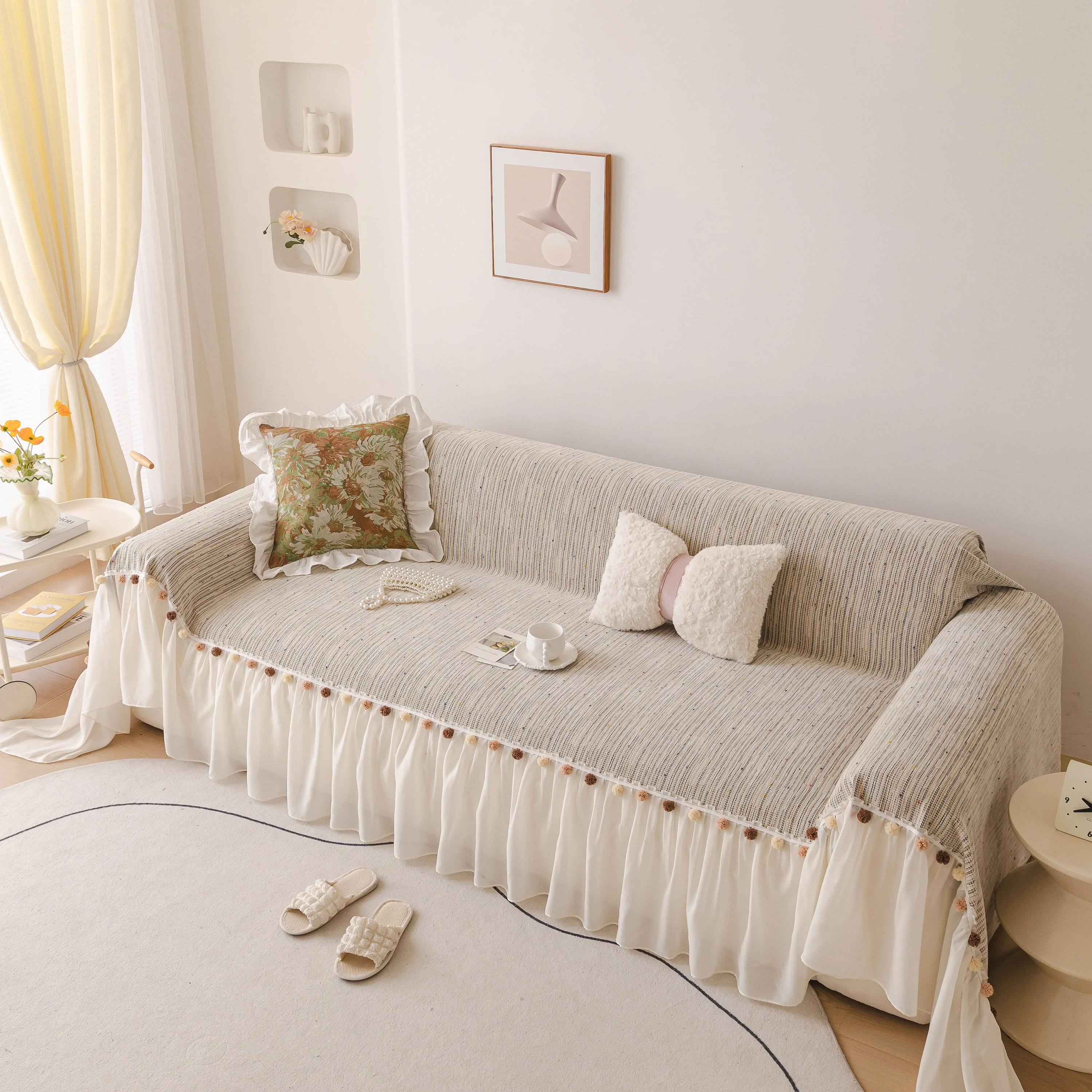 Boho Couch Cover with Knitted Stripes, Chiffon Skirt & Pom Fringe, Pet-Friendly Throw - Image 5