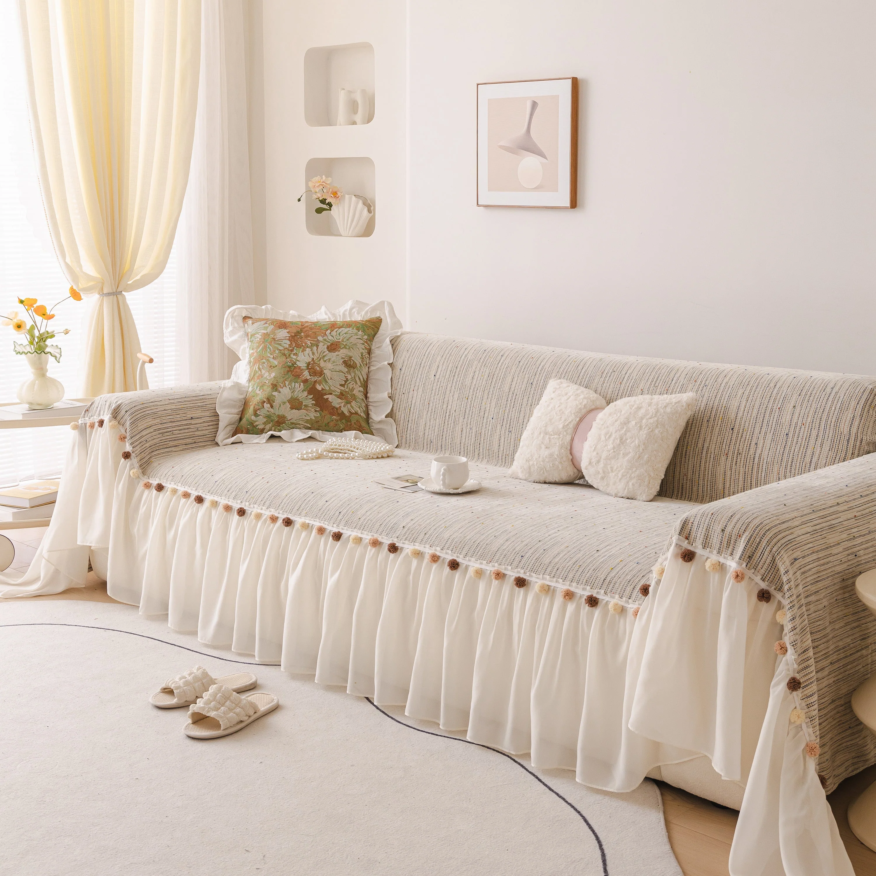 Boho Couch Cover with Knitted Stripes, Chiffon Skirt & Pom Fringe, Pet-Friendly Throw - Image 6