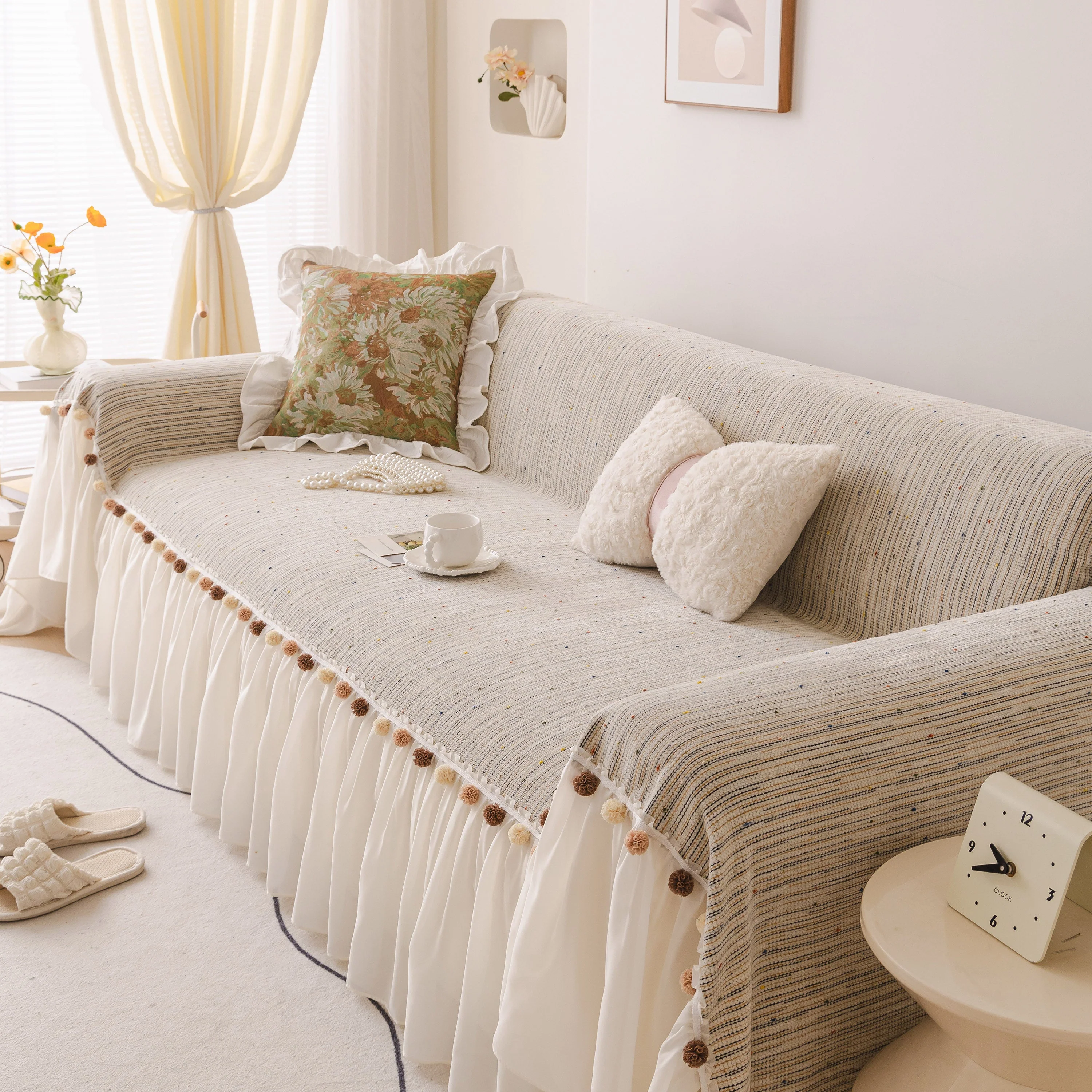 Boho Couch Cover with Knitted Stripes, Chiffon Skirt & Pom Fringe, Pet-Friendly Throw - Image 7