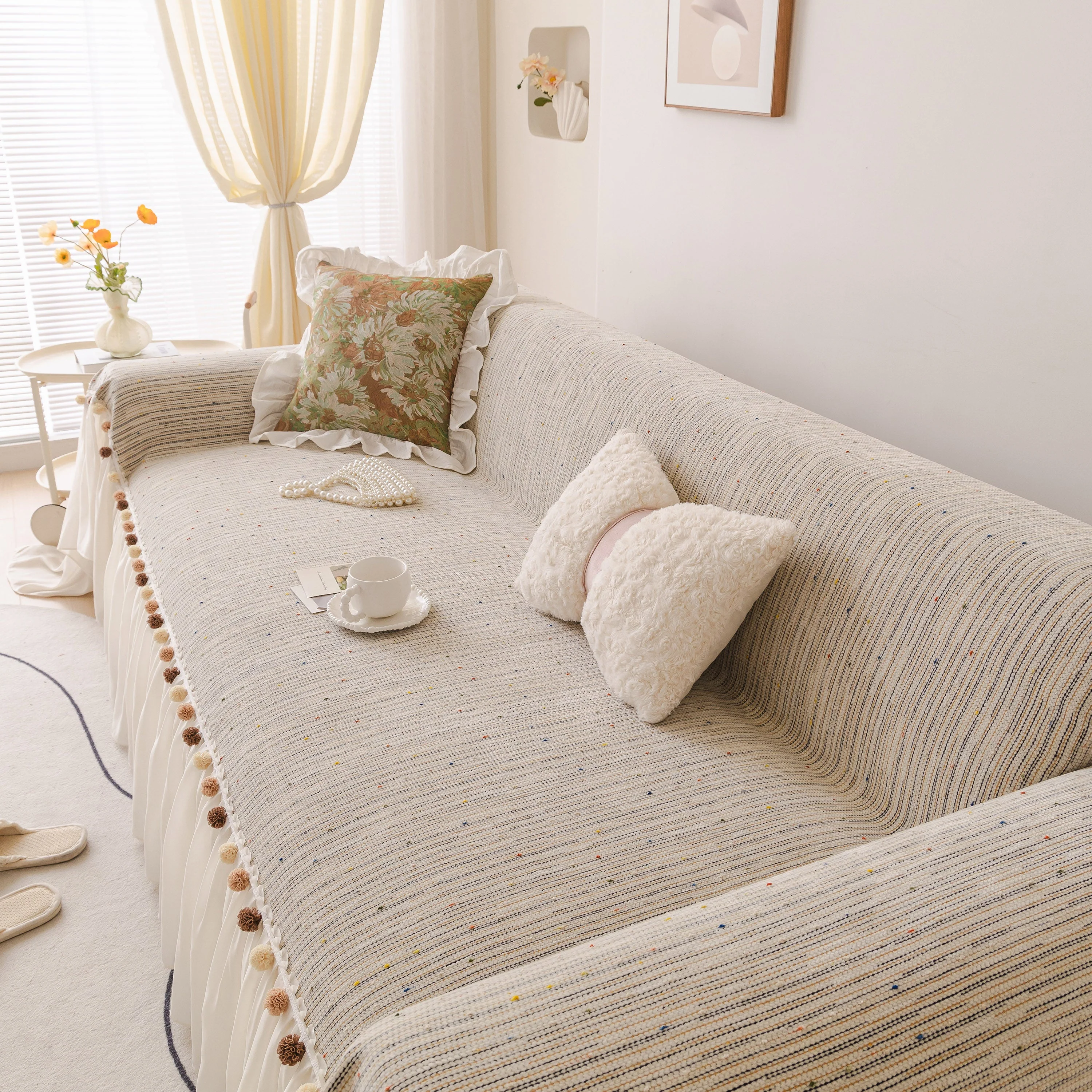 Boho Couch Cover with Knitted Stripes, Chiffon Skirt & Pom Fringe, Pet-Friendly Throw - Image 8