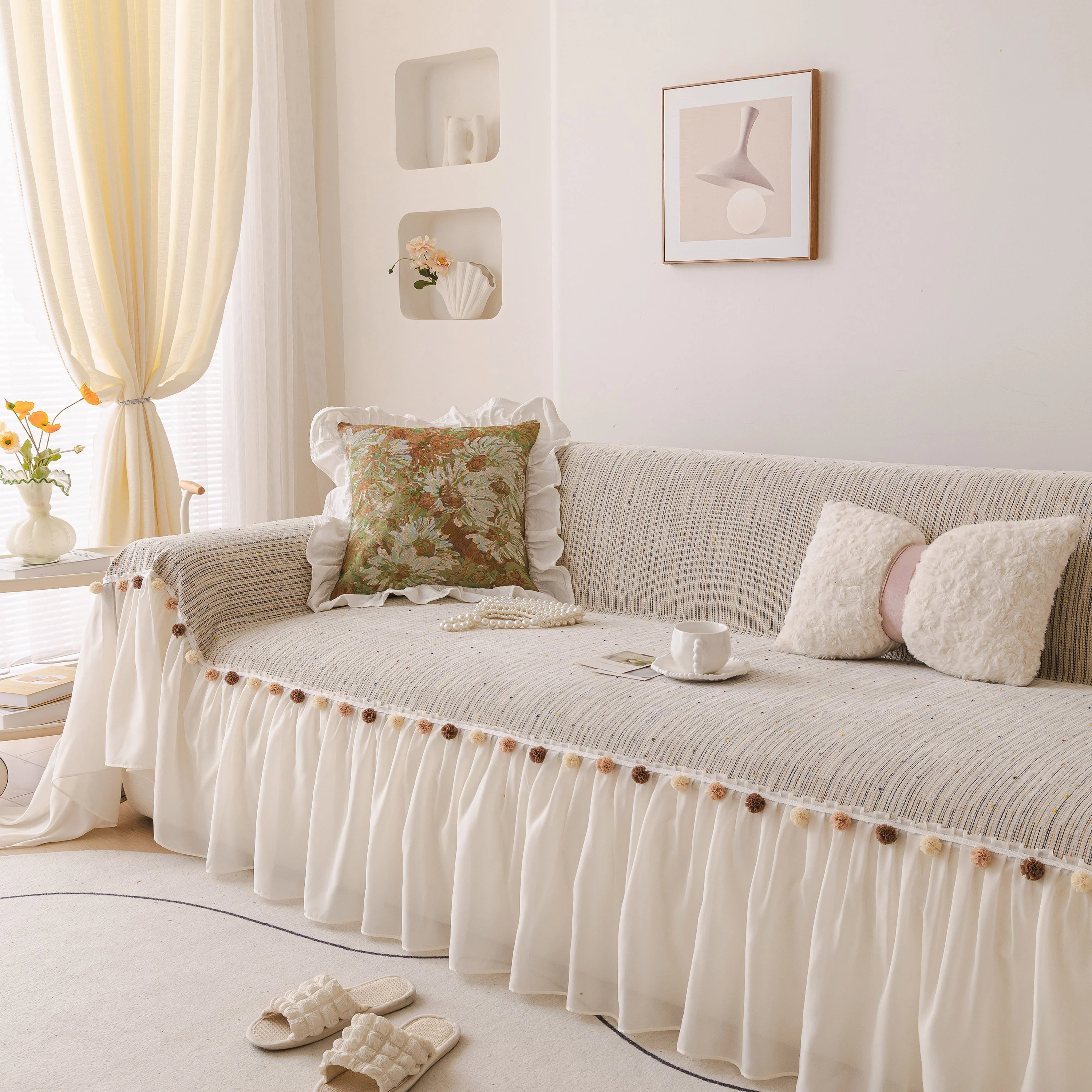 Boho Couch Cover with Knitted Stripes, Chiffon Skirt & Pom Fringe, Pet-Friendly Throw - Image 9