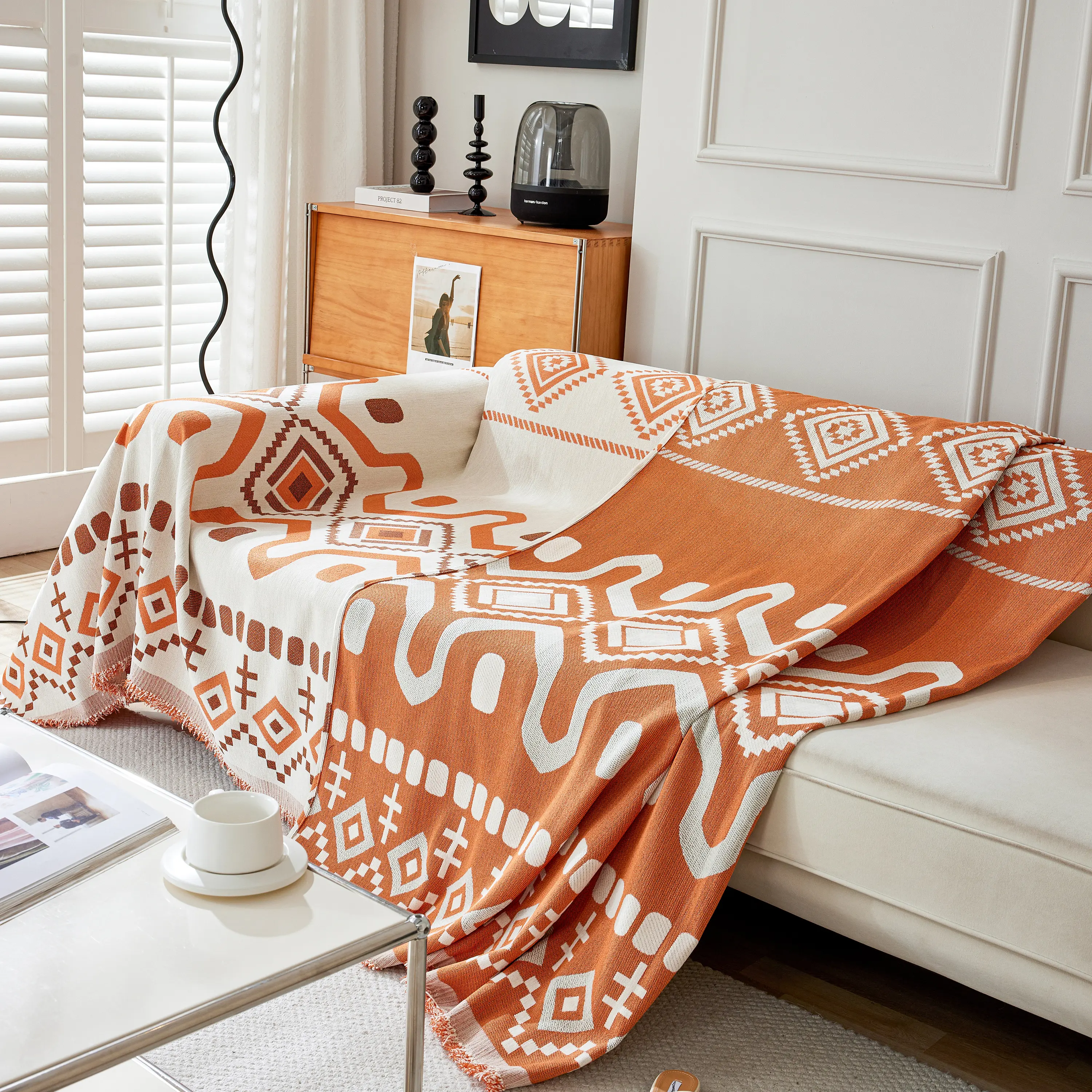 Boho Geometric Chenille Throw Sofa Cover Soft Textured Decorative Couch Blanket - Image 137