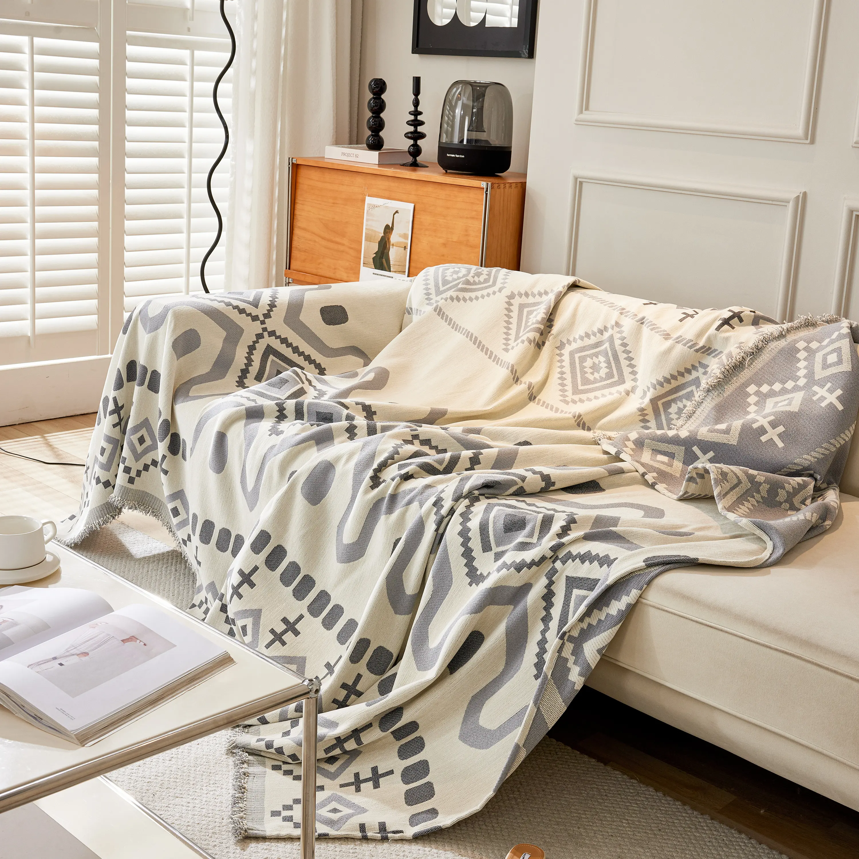 Boho Geometric Chenille Throw Sofa Cover Soft Textured Decorative Couch Blanket - Image 167