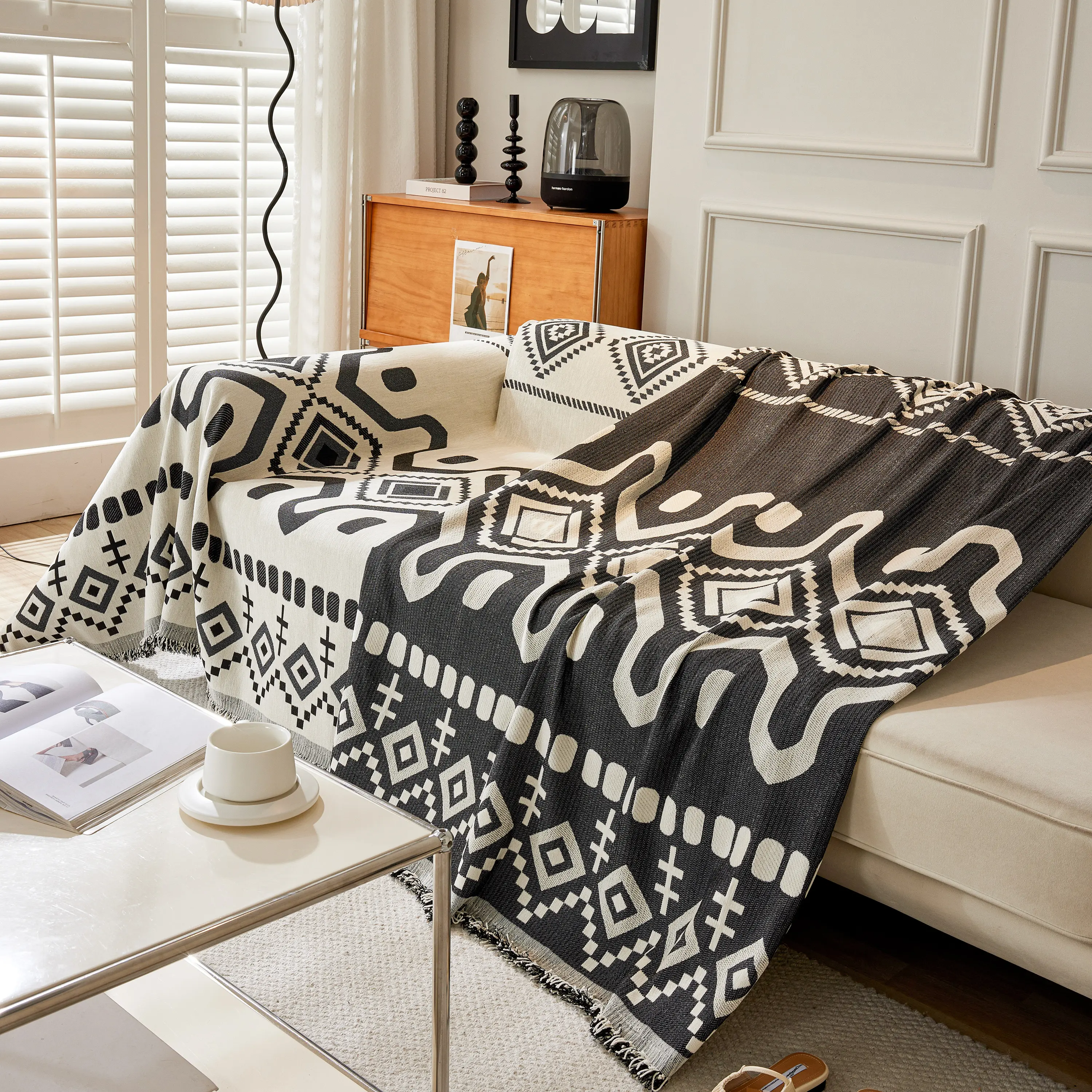 Boho Geometric Chenille Throw Sofa Cover Soft Textured Decorative Couch Blanket - Image 2