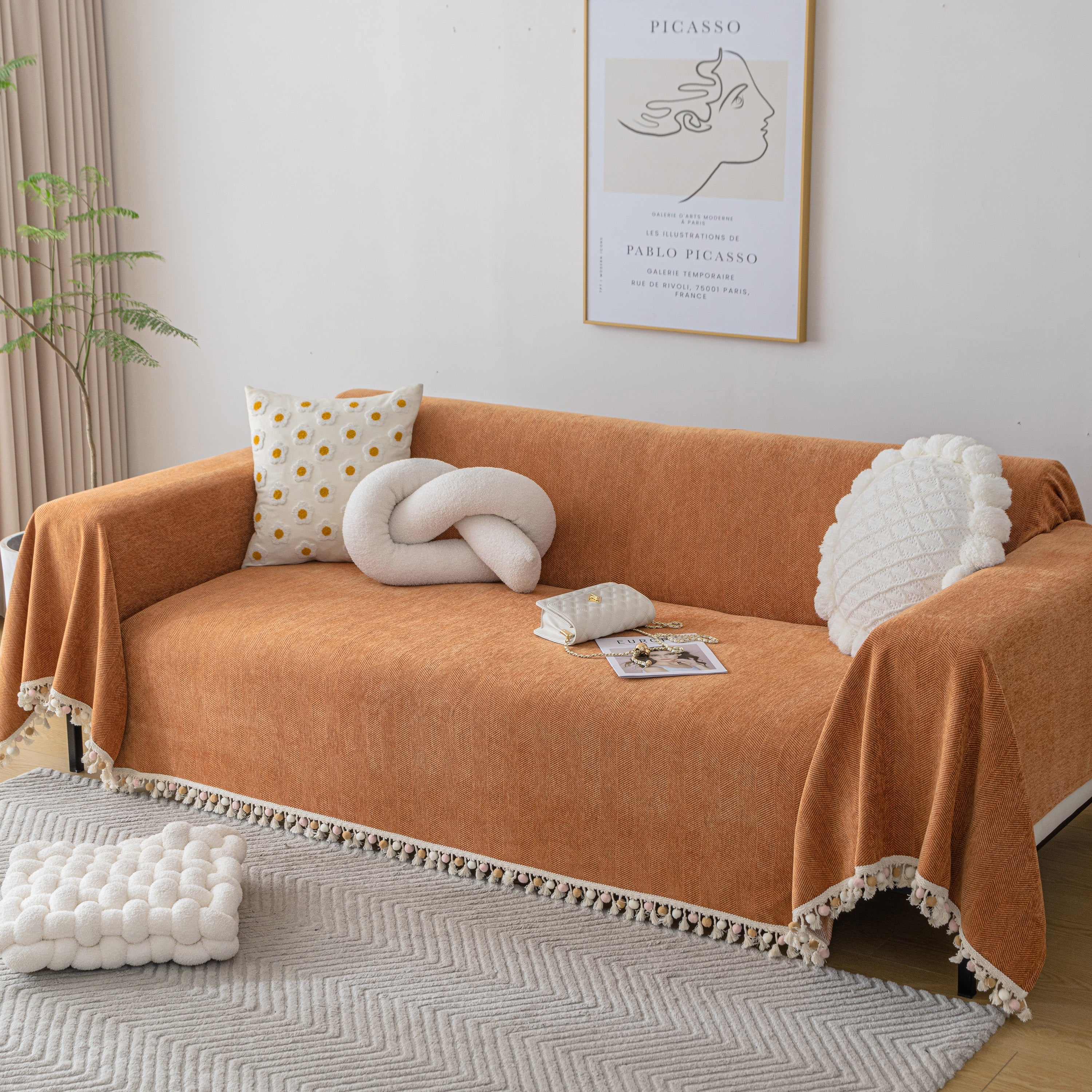 Boho Herringbone Sofa Throw Blanket with Pom Pom Tassels Stylish Furniture Slipcover - Image 10