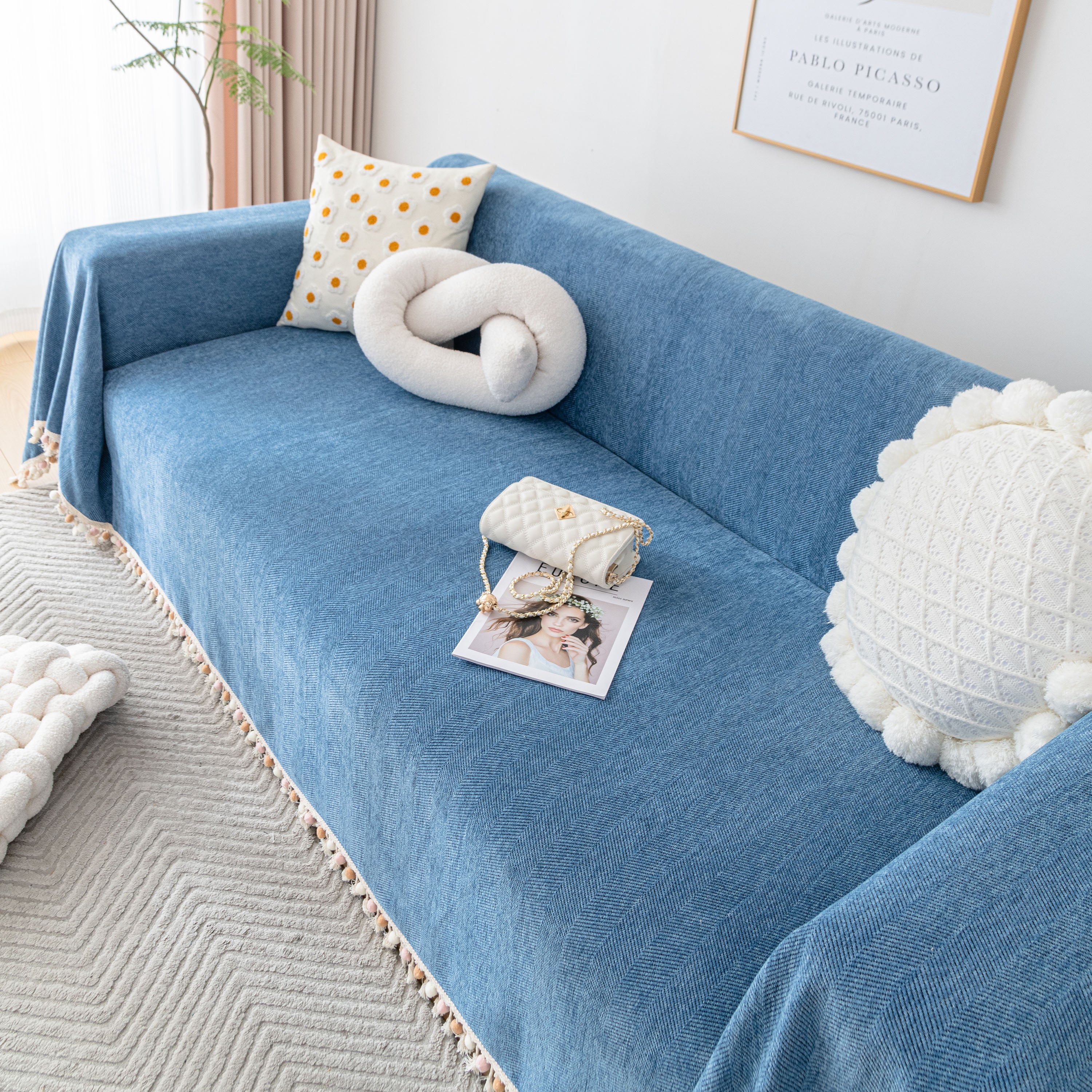 Boho Herringbone Sofa Throw Blanket with Pom Pom Tassels Stylish Furniture Slipcover - Image 100
