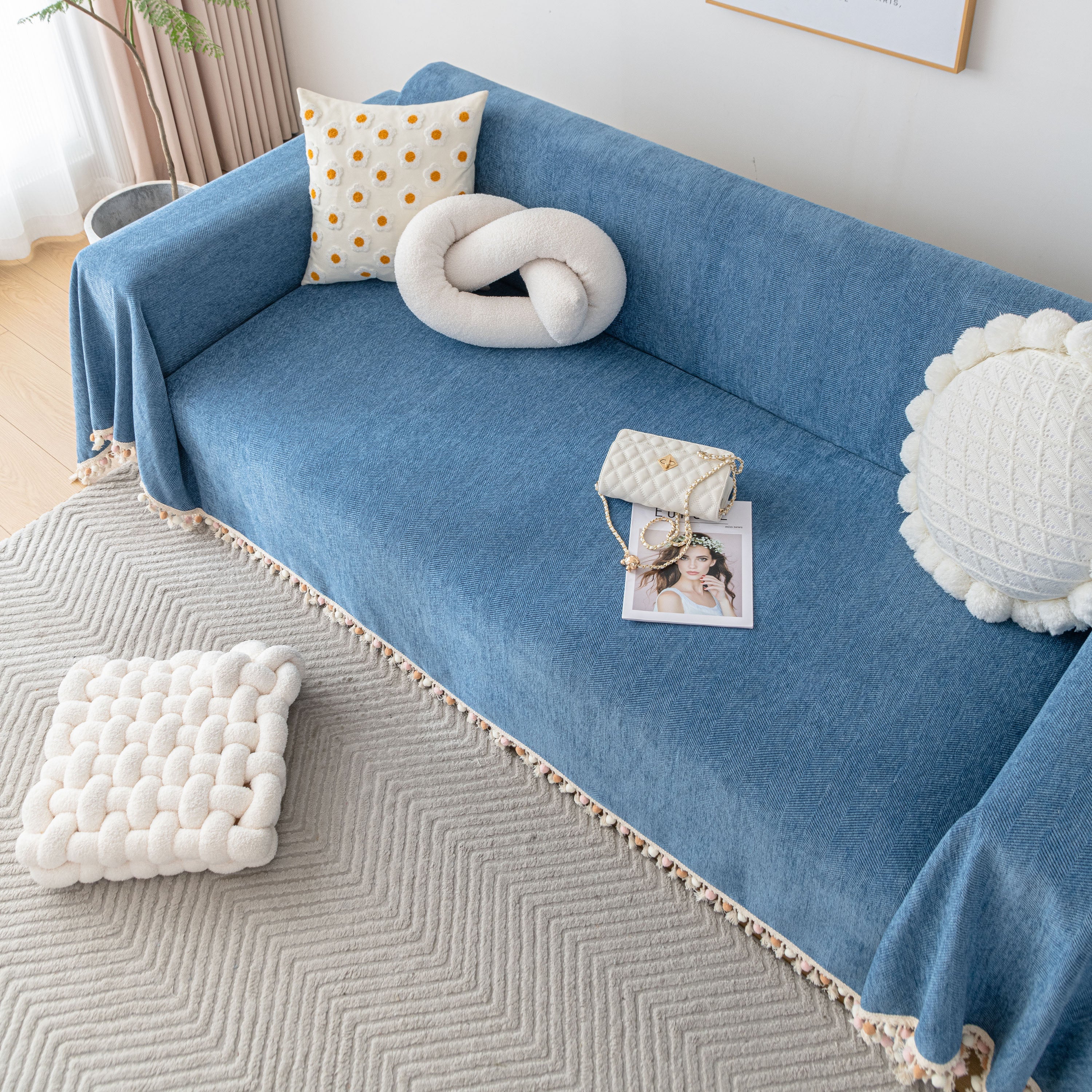 Boho Herringbone Sofa Throw Blanket with Pom Pom Tassels Stylish Furniture Slipcover - Image 101