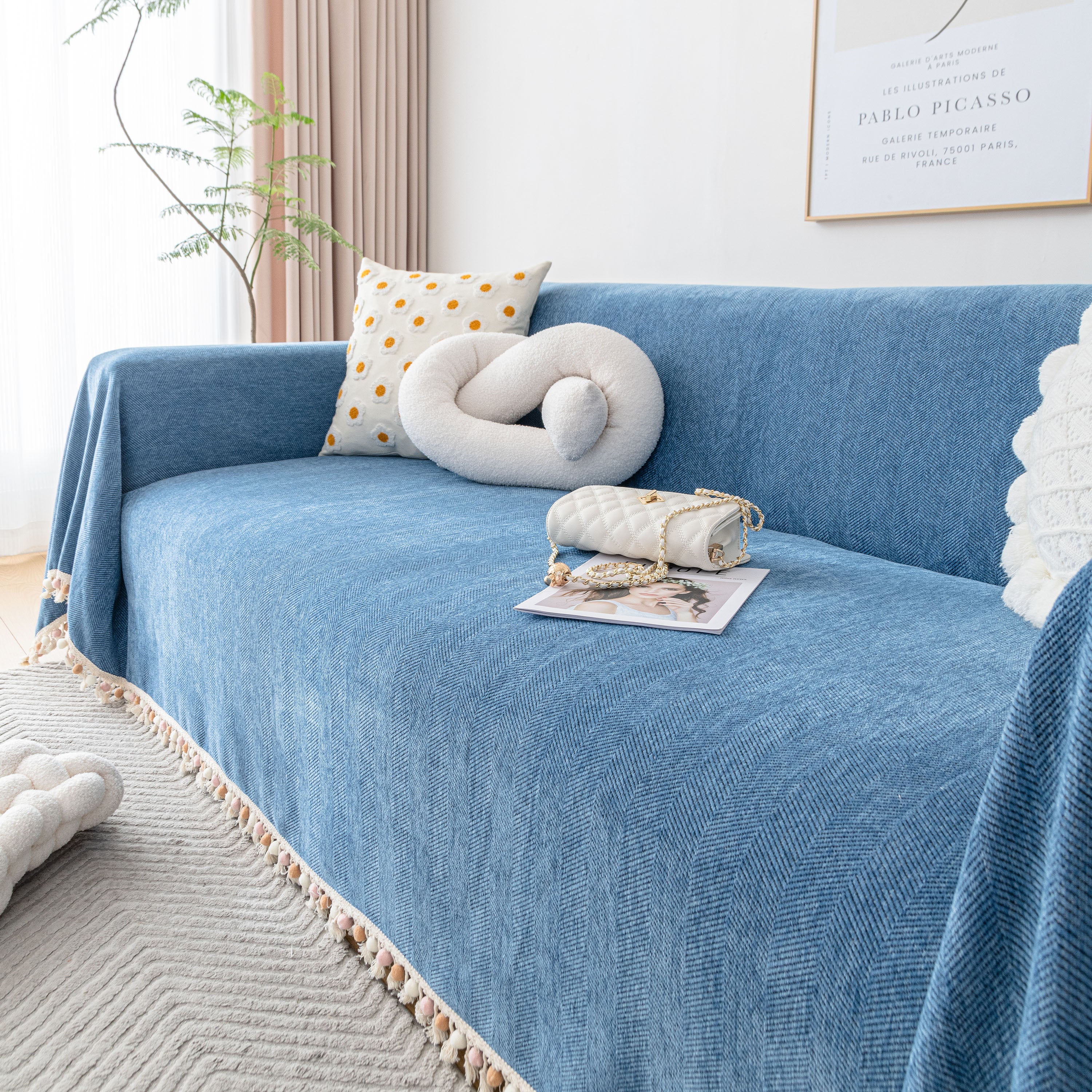 Boho Herringbone Sofa Throw Blanket with Pom Pom Tassels Stylish Furniture Slipcover - Image 102