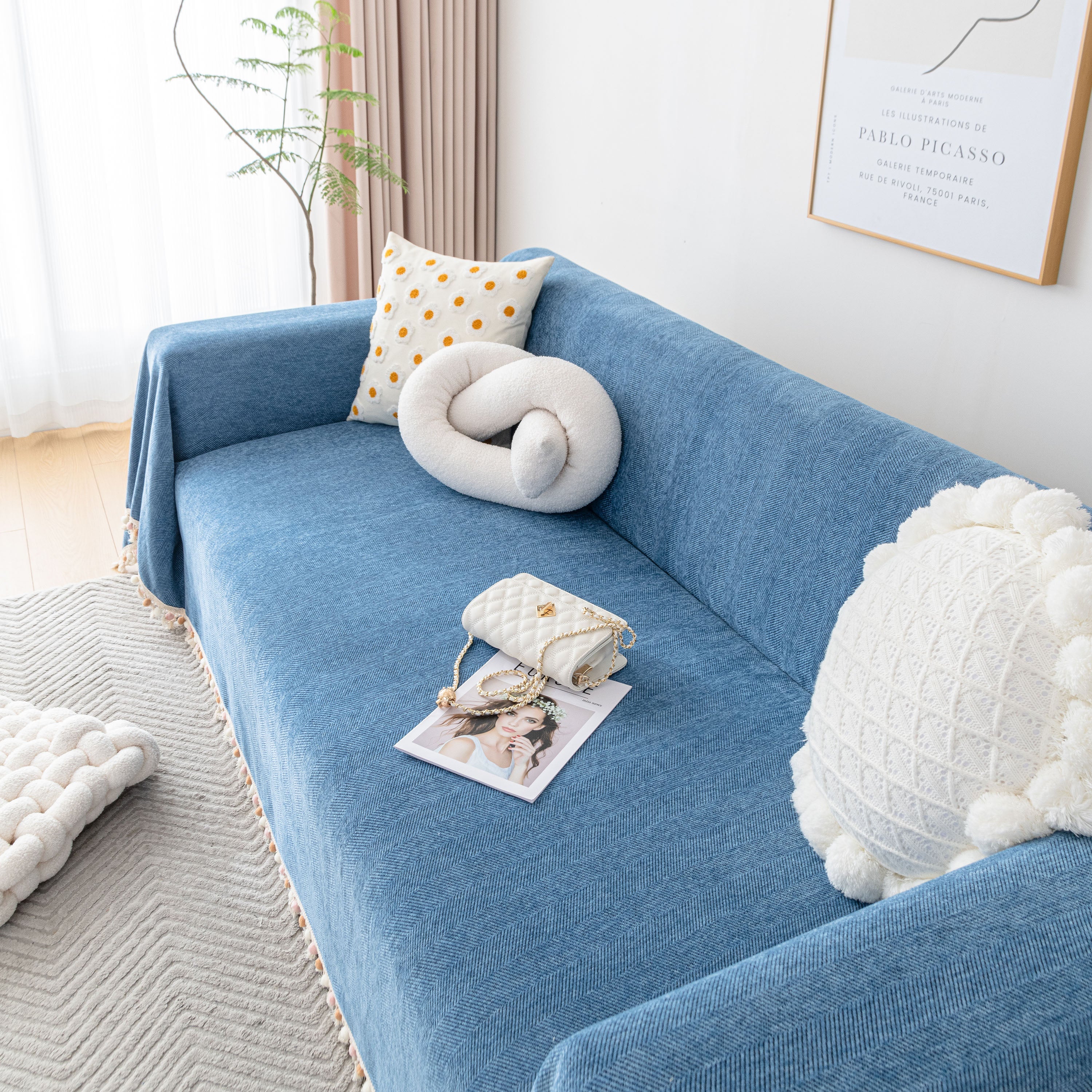 Boho Herringbone Sofa Throw Blanket with Pom Pom Tassels Stylish Furniture Slipcover - Image 103