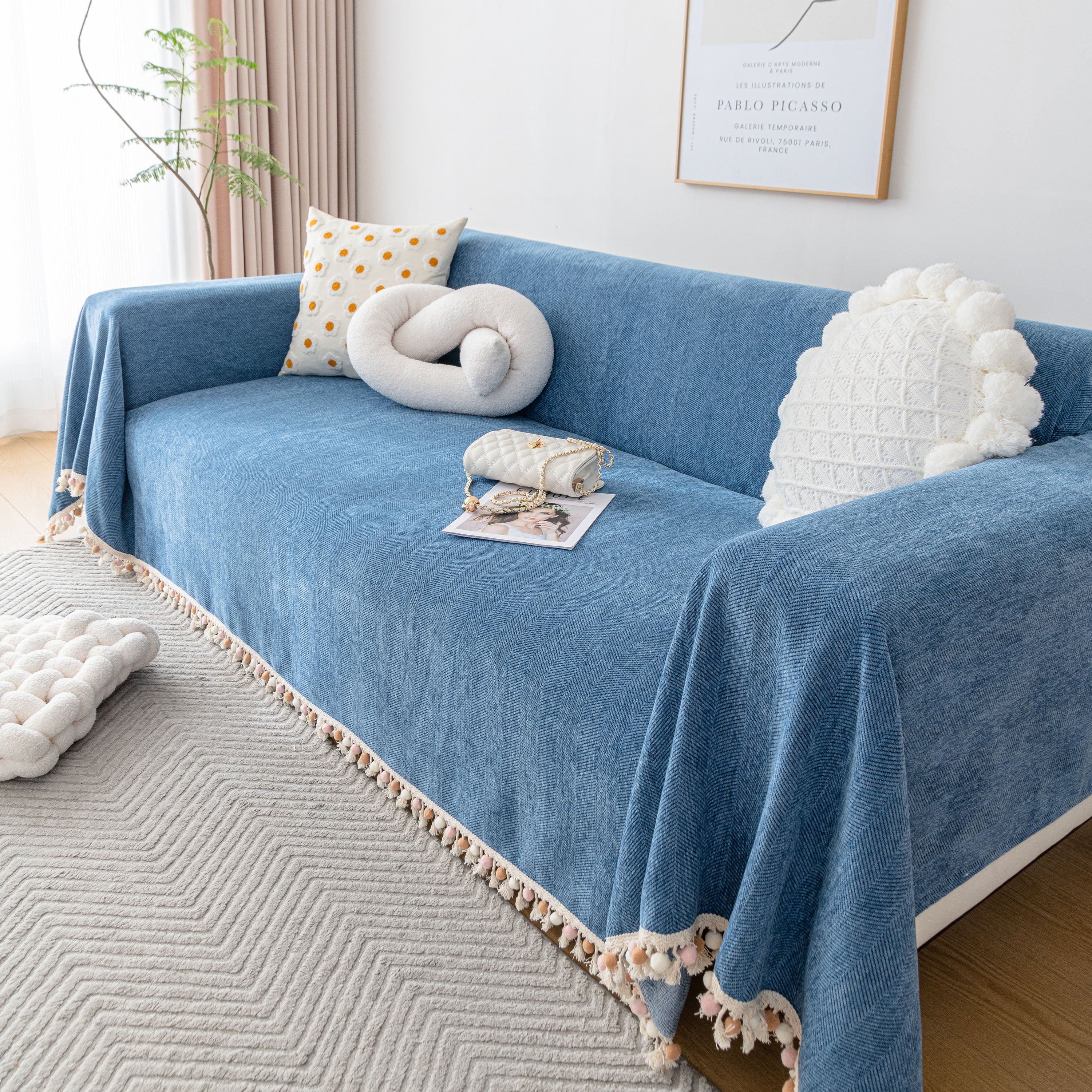 Boho Herringbone Sofa Throw Blanket with Pom Pom Tassels Stylish Furniture Slipcover - Image 104