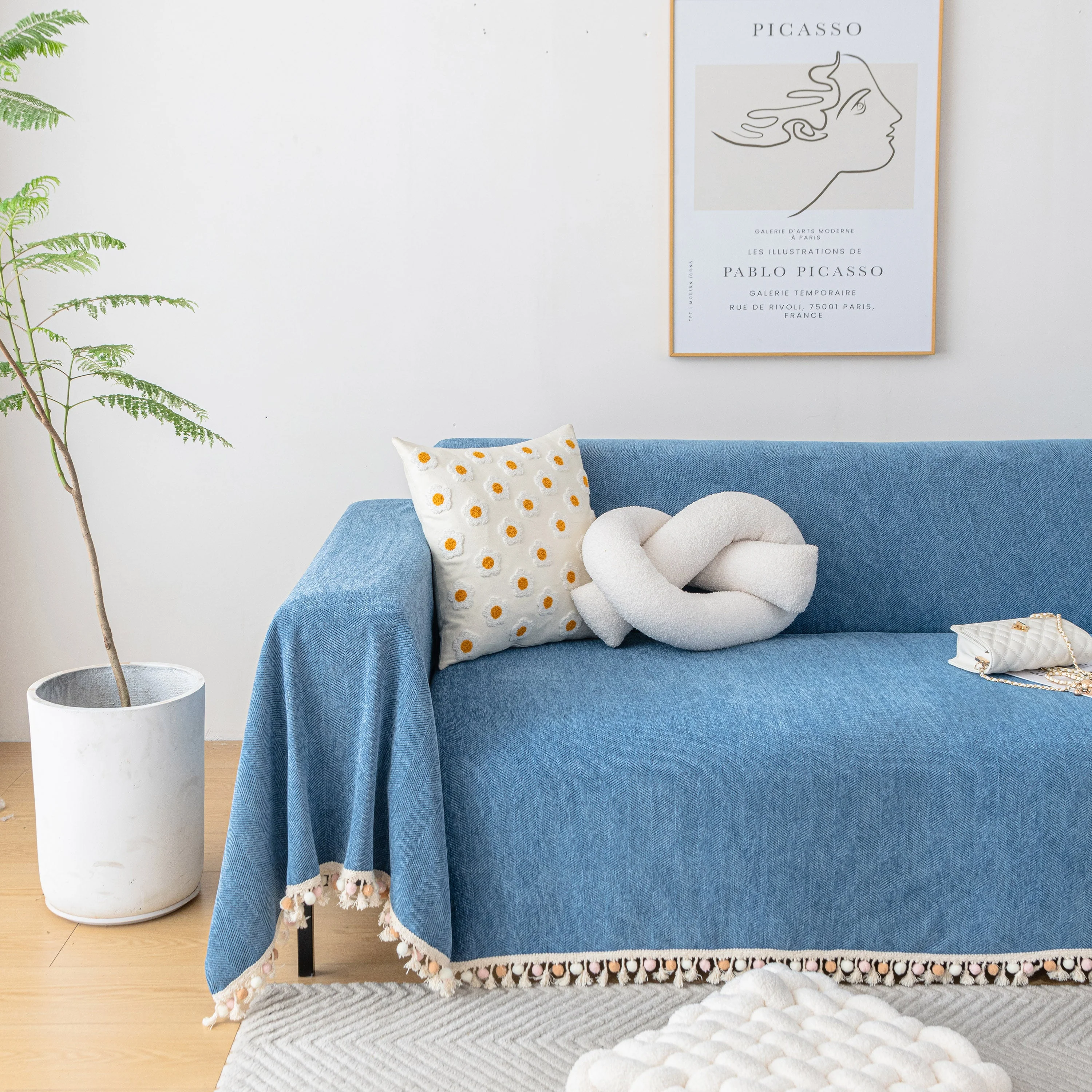 Boho Herringbone Sofa Throw Blanket with Pom Pom Tassels Stylish Furniture Slipcover - Image 107