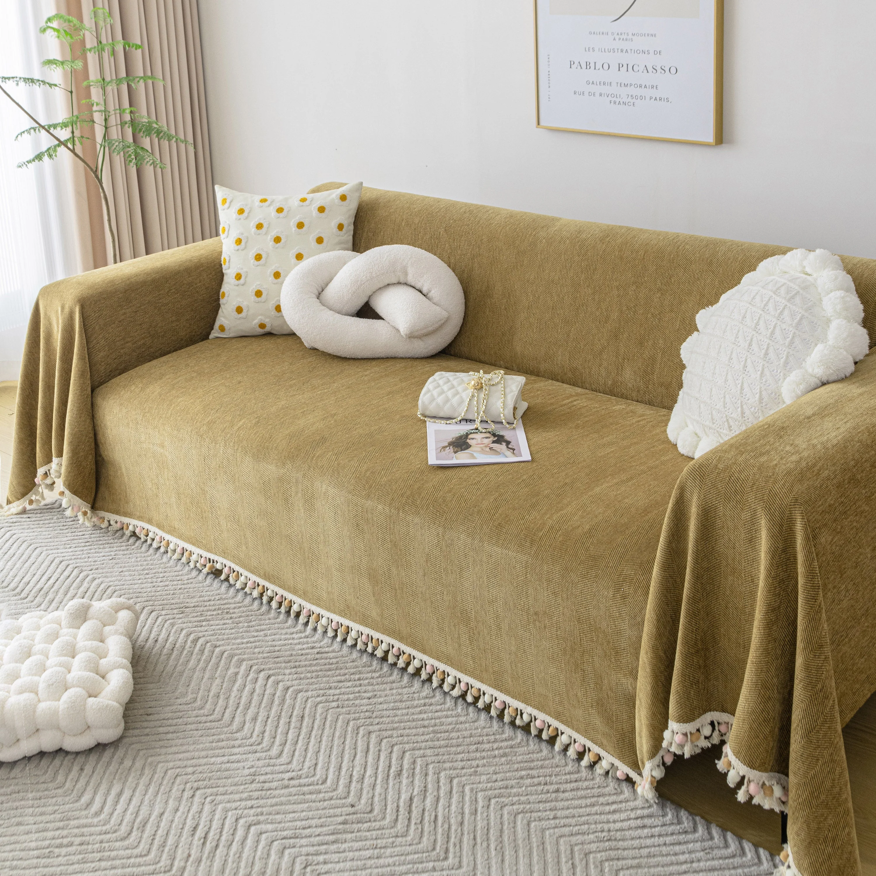 Boho Herringbone Sofa Throw Blanket with Pom Pom Tassels Stylish Furniture Slipcover - Image 108