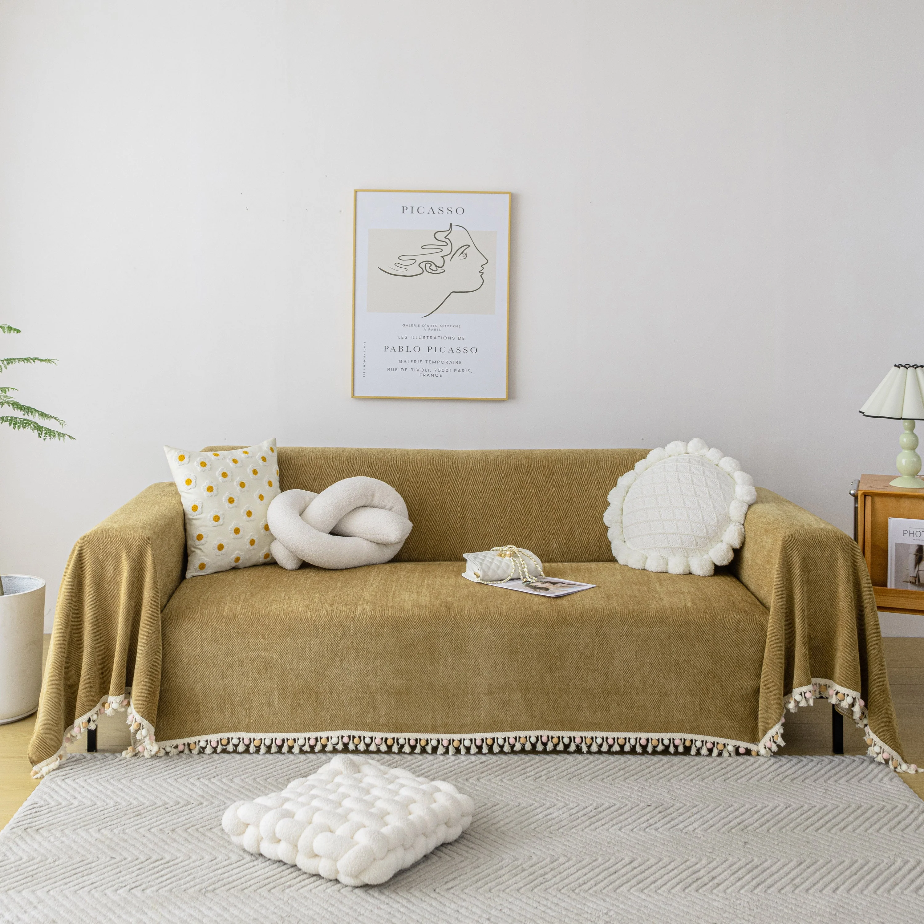Boho Herringbone Sofa Throw Blanket with Pom Pom Tassels Stylish Furniture Slipcover - Image 109