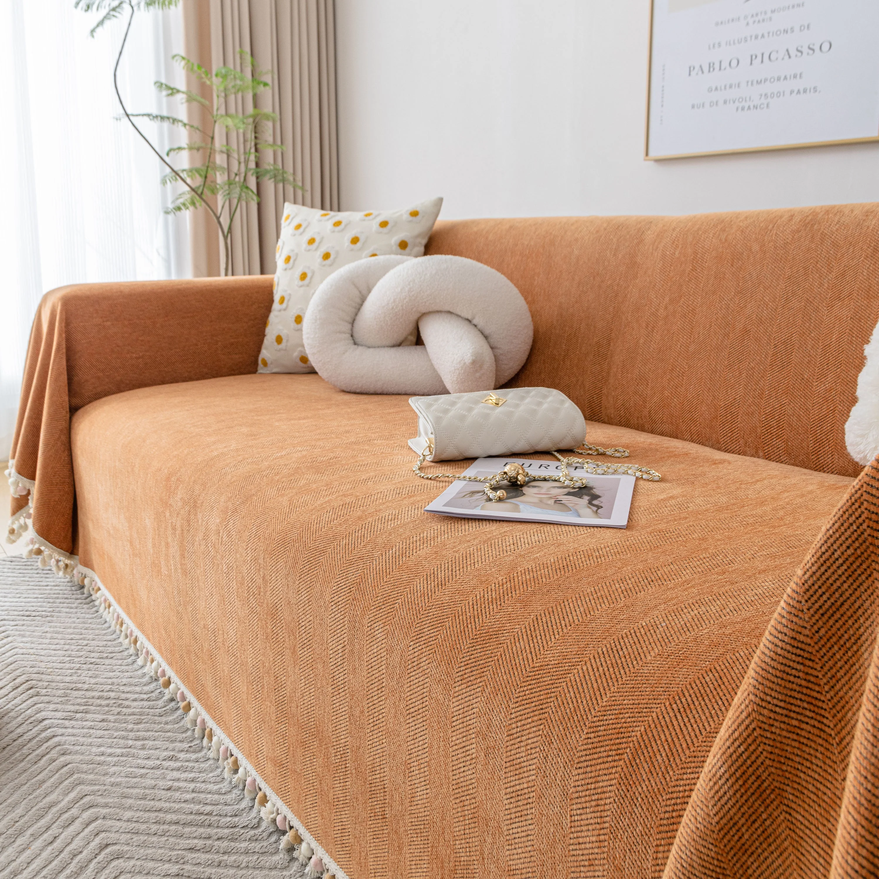 Boho Herringbone Sofa Throw Blanket with Pom Pom Tassels Stylish Furniture Slipcover - Image 11