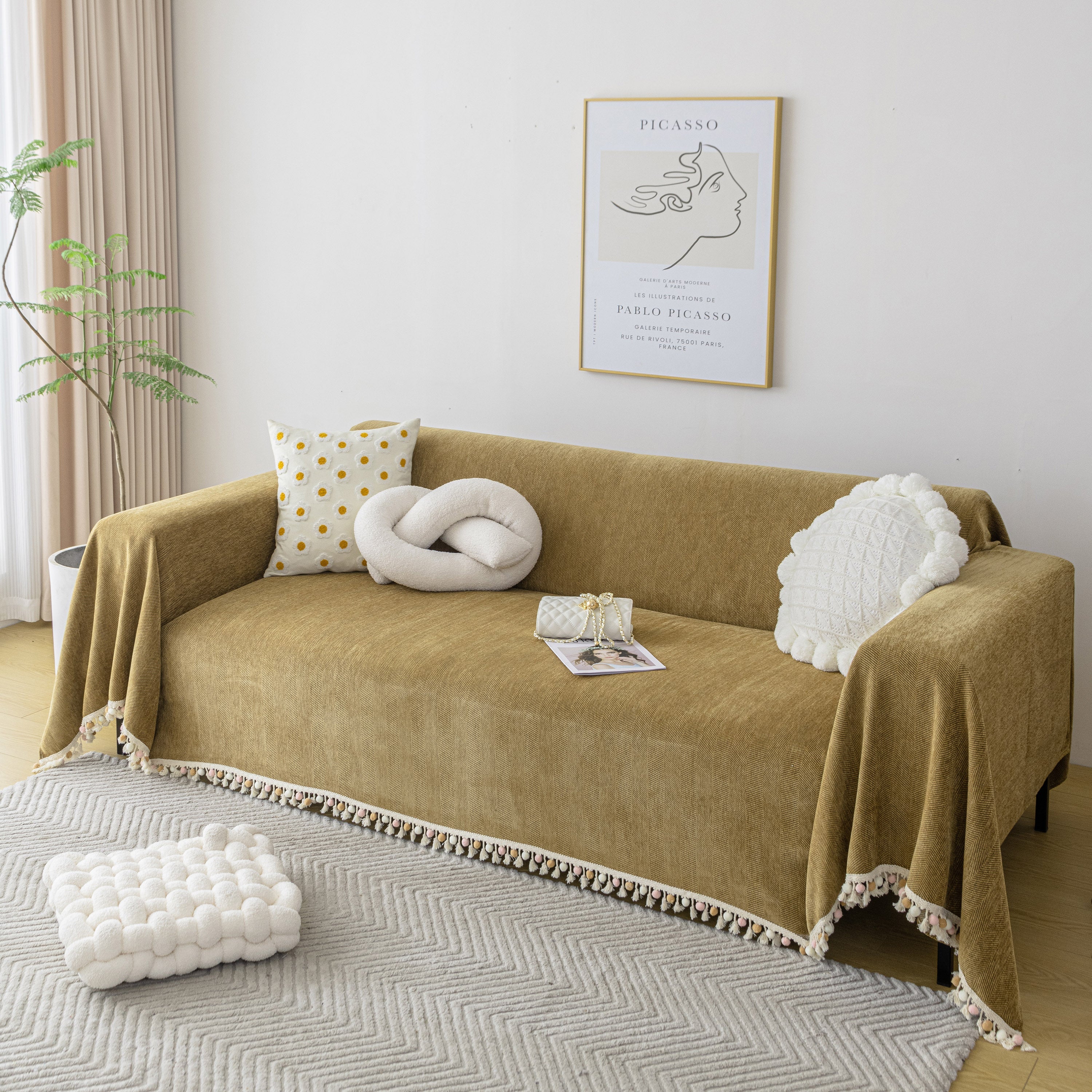 Boho Herringbone Sofa Throw Blanket with Pom Pom Tassels Stylish Furniture Slipcover - Image 110