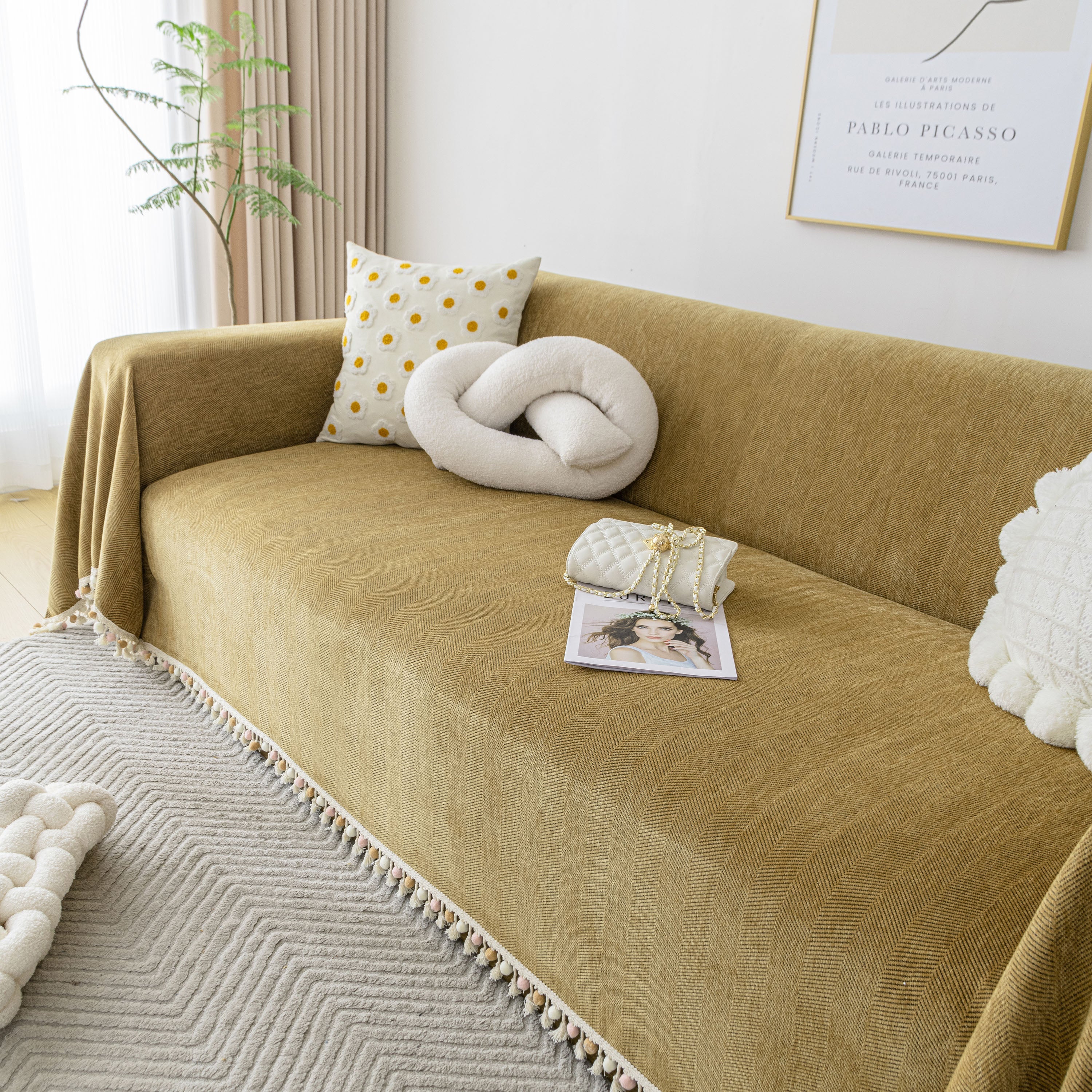 Boho Herringbone Sofa Throw Blanket with Pom Pom Tassels Stylish Furniture Slipcover - Image 111