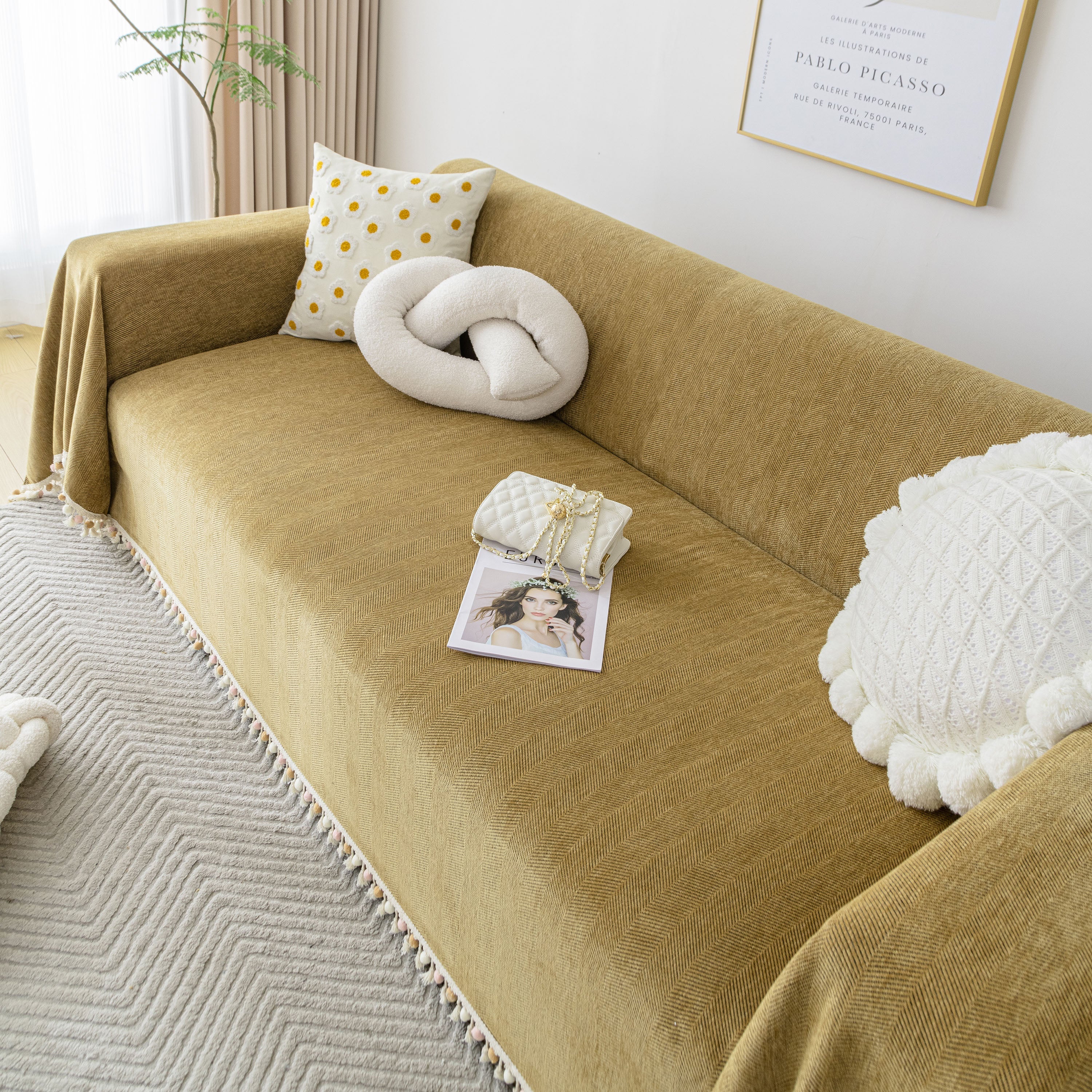 Boho Herringbone Sofa Throw Blanket with Pom Pom Tassels Stylish Furniture Slipcover - Image 112