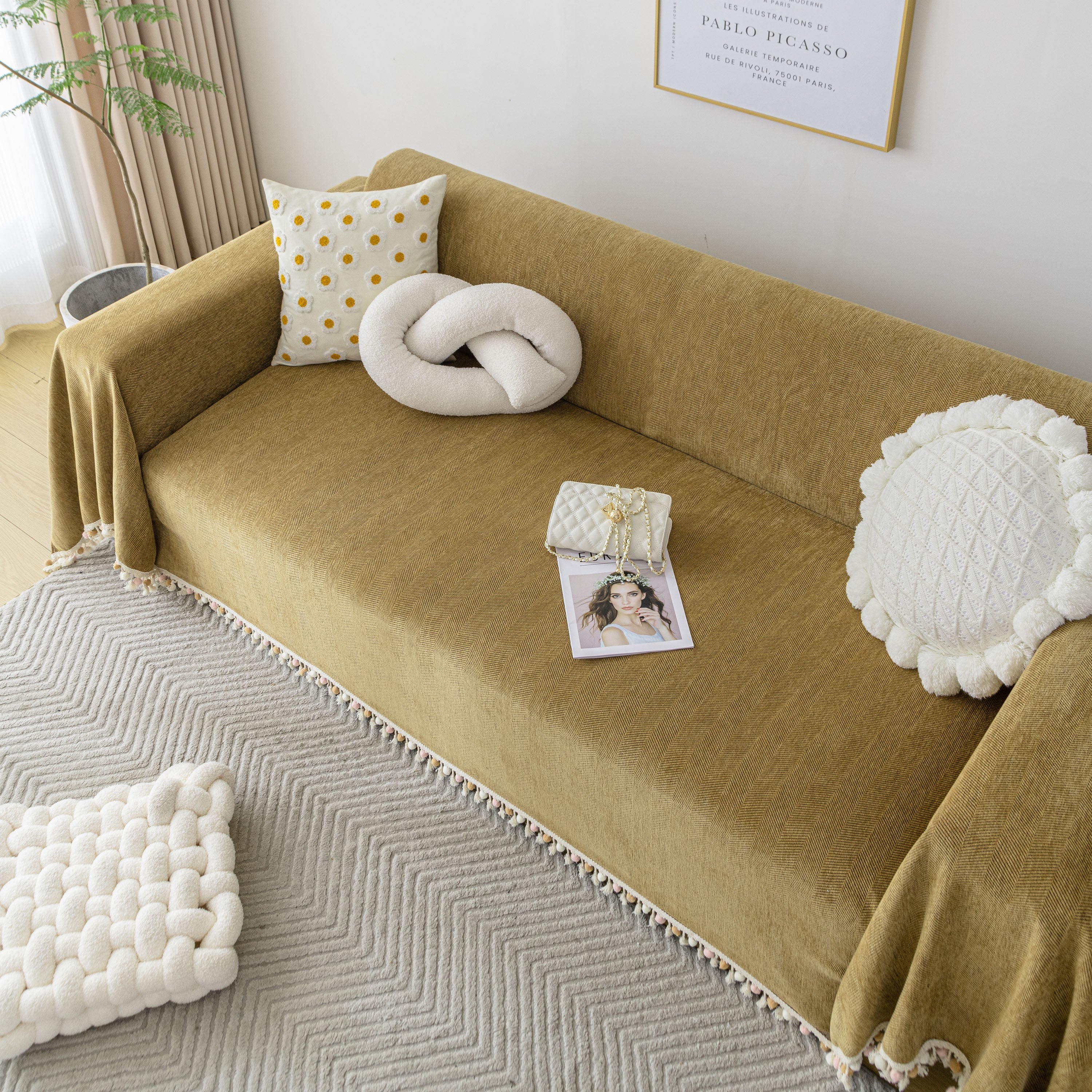 Boho Herringbone Sofa Throw Blanket with Pom Pom Tassels Stylish Furniture Slipcover - Image 113